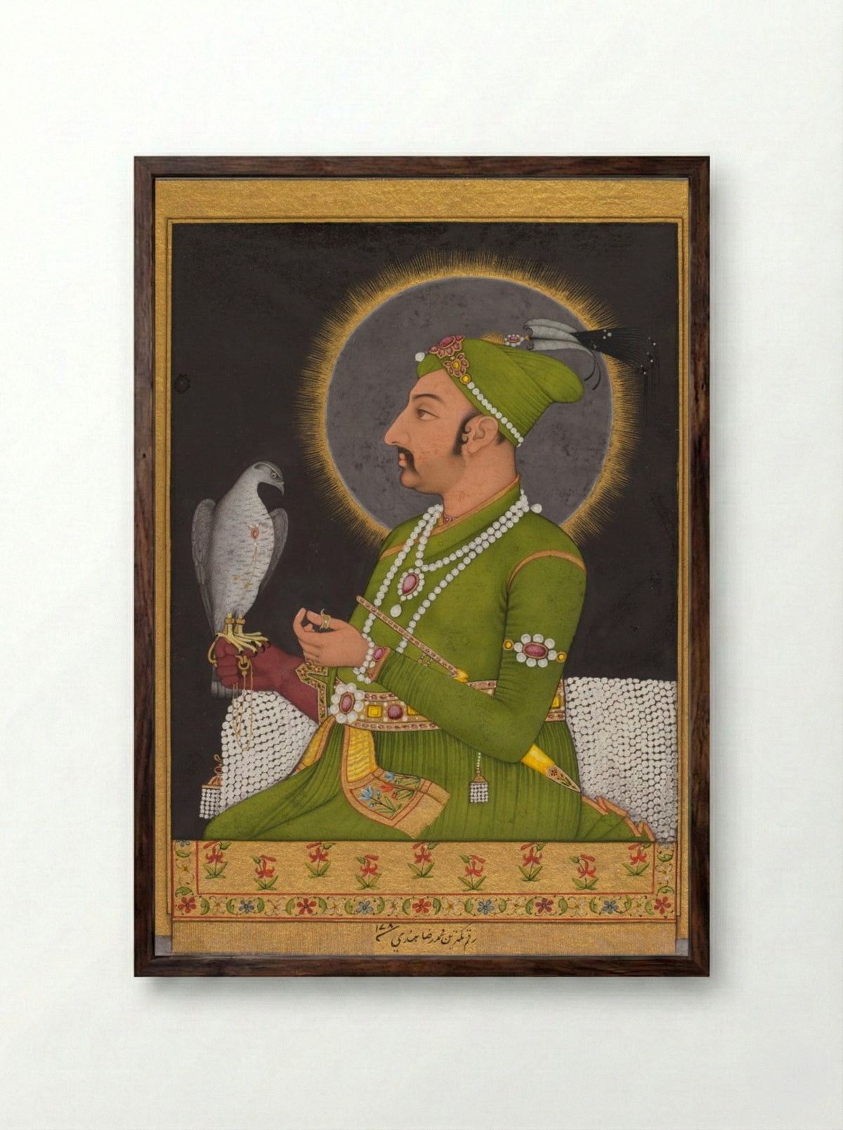 Posthumous portrait of the Mughal emperor Muhammad Shah holding a falcon - Muhammad Rizavi Hindi - Framed Print Dark Wood