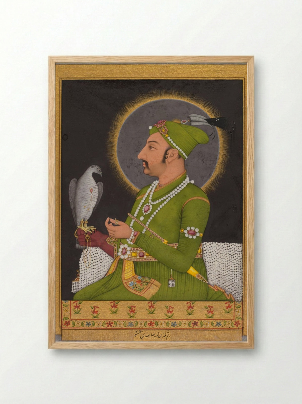 Posthumous portrait of the Mughal emperor Muhammad Shah holding a falcon - Muhammad Rizavi Hindi - Framed Print Wood