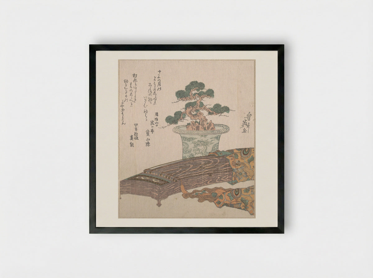 Potted Pine Tree and Koto (Japanese Harp) - Keisai Eisen - Framed Print Black