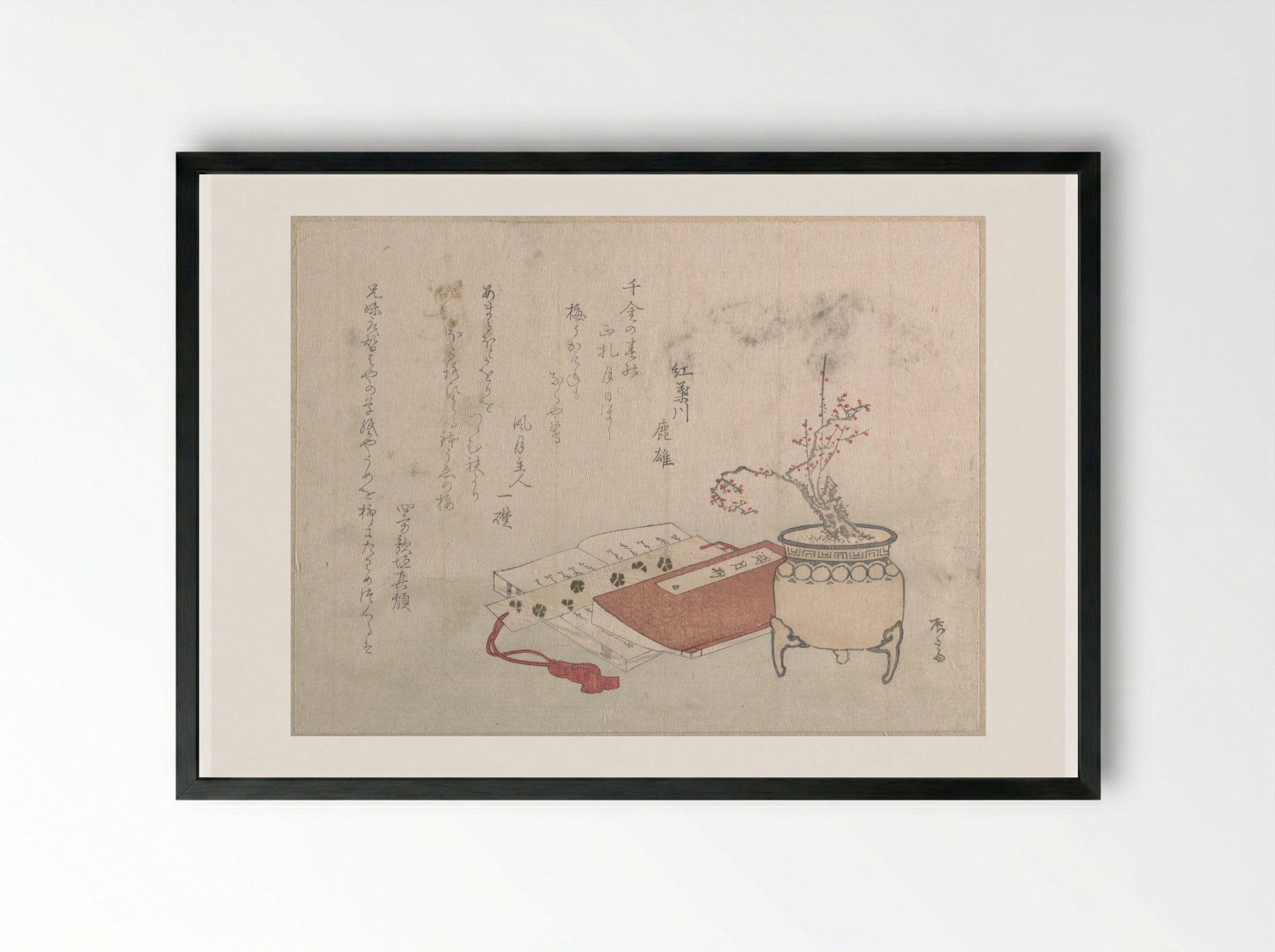 Potted Plum Tree in Blossom and Books - Ryūryūkyo Shinsai - Framed Print Black