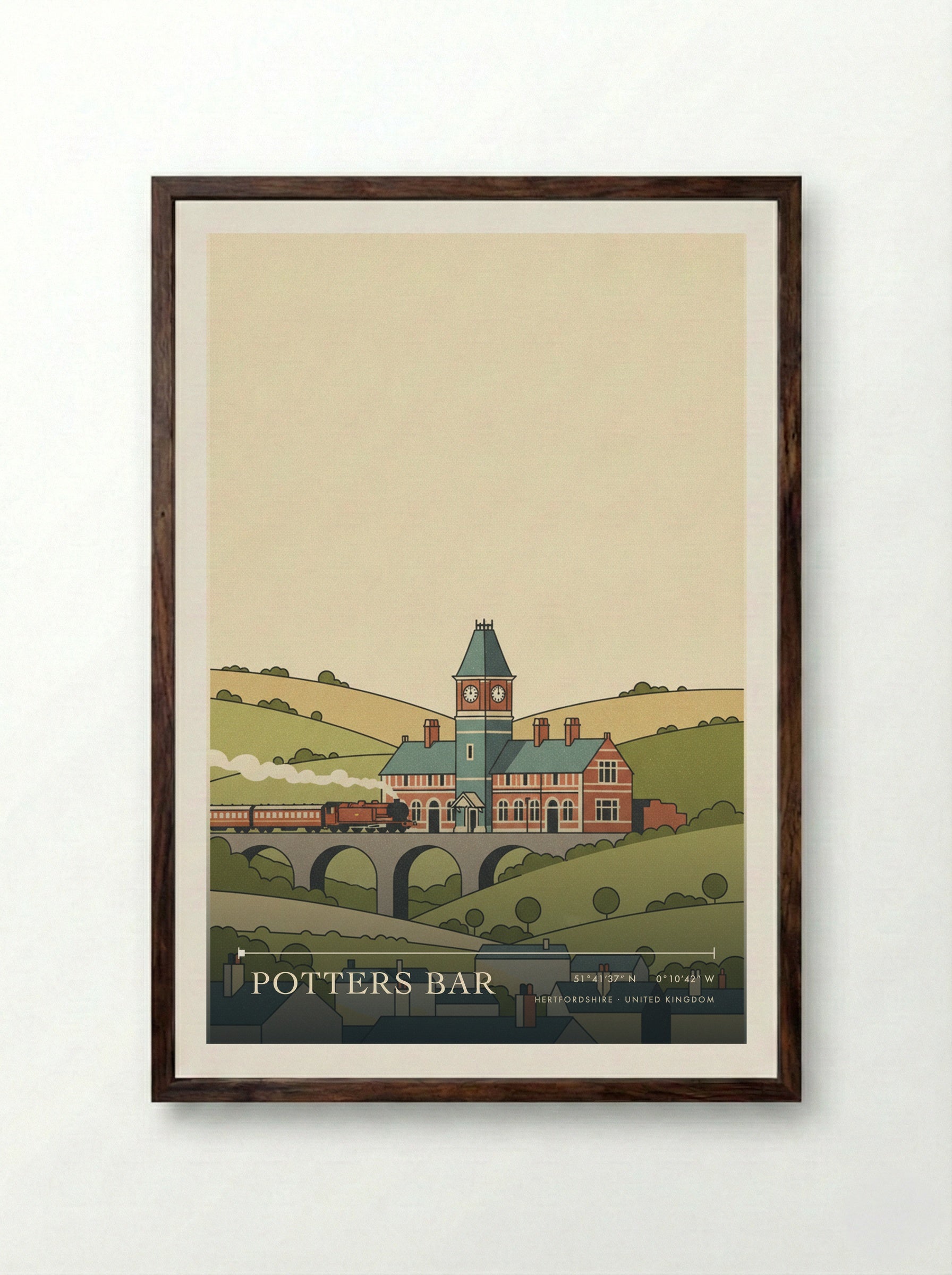 Potters Bar Hertfordshire United Kingdom Travel Poster - Framed Print Dark Wood
