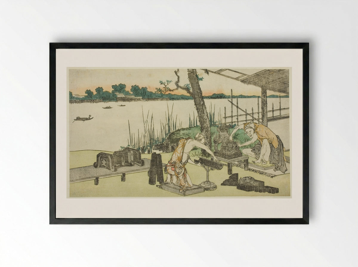 Potters at Work - Imado - Katsushika Hokusai - Framed Print Black