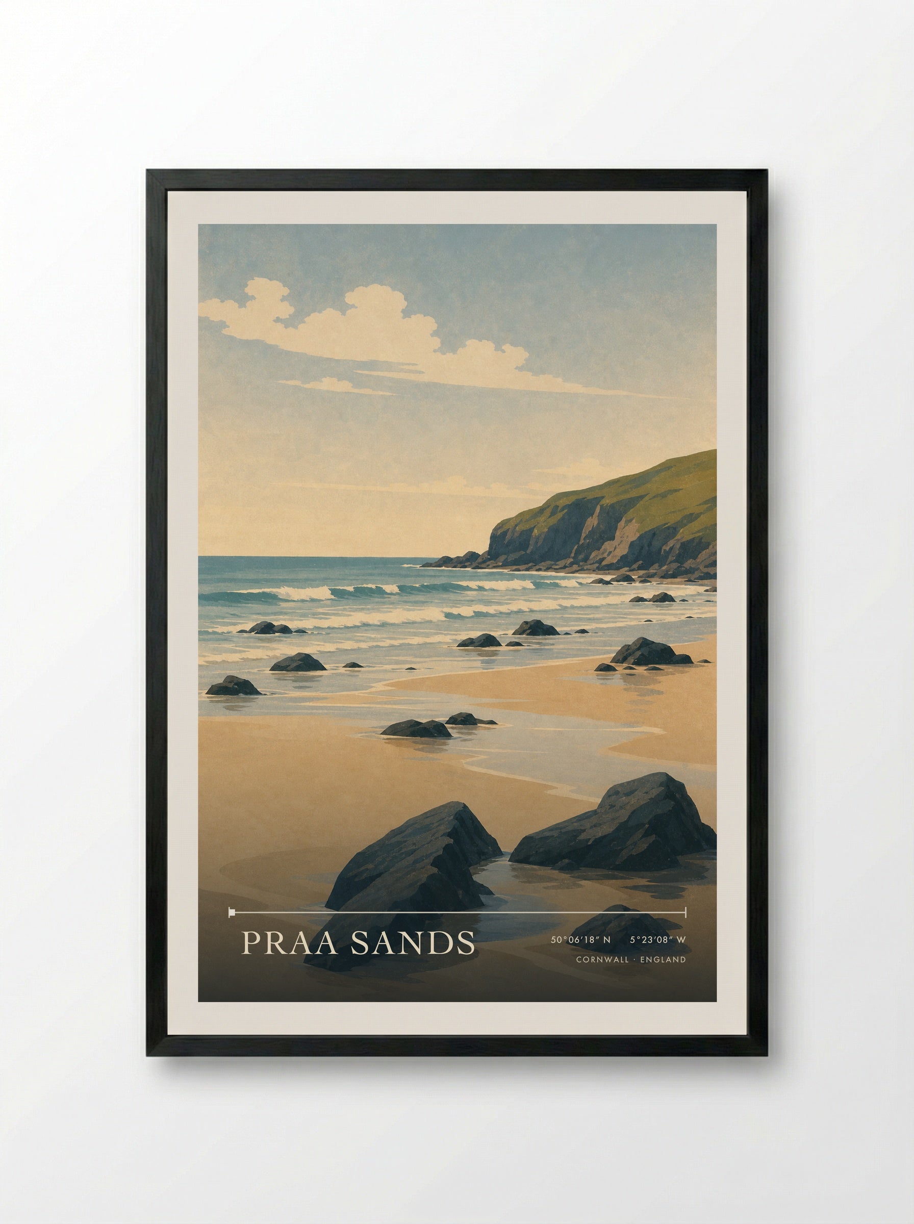 Praa Sands Cornwall England Travel Poster - Framed Print Black