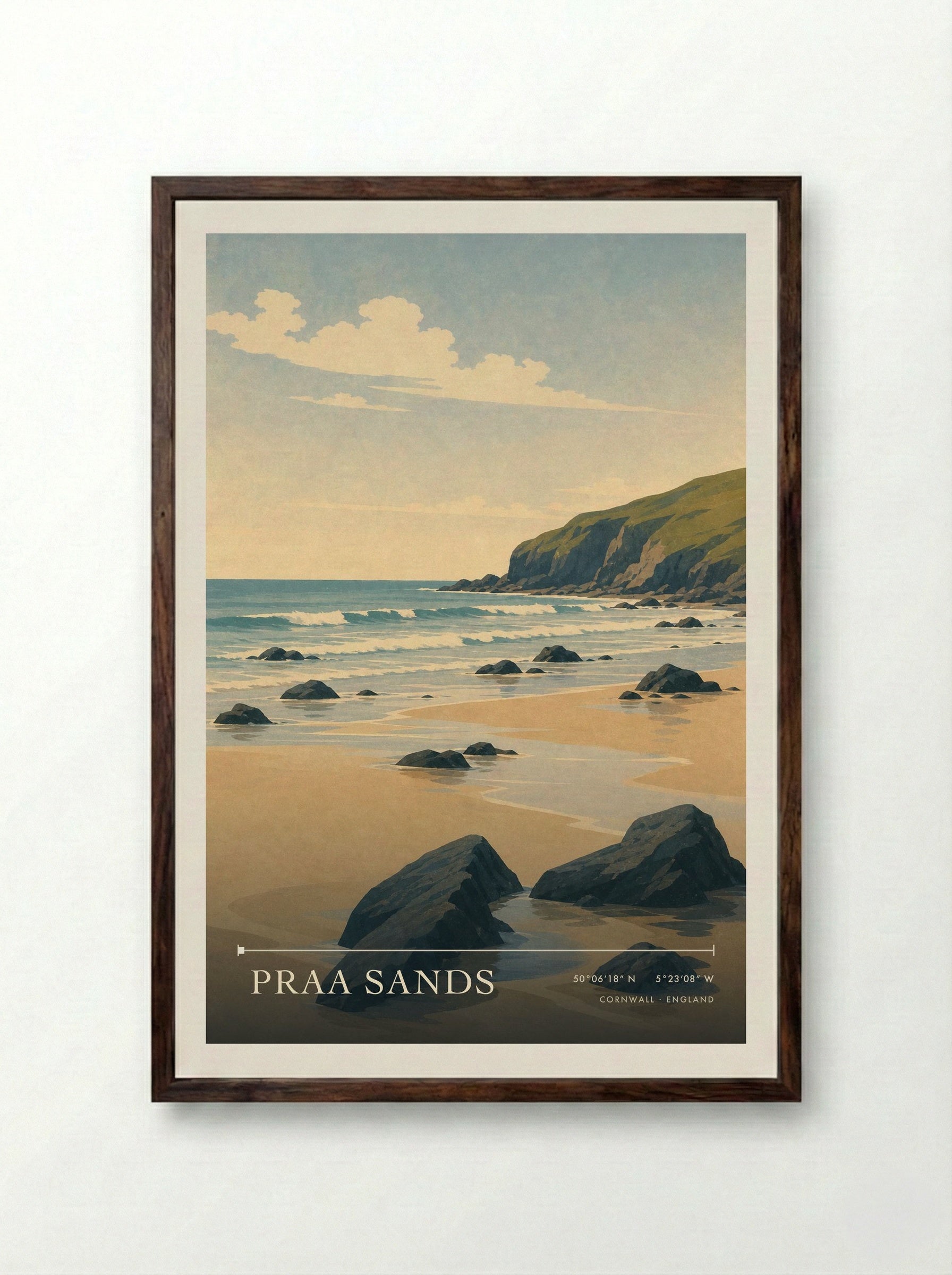 Praa Sands Cornwall England Travel Poster - Framed Print Dark Wood