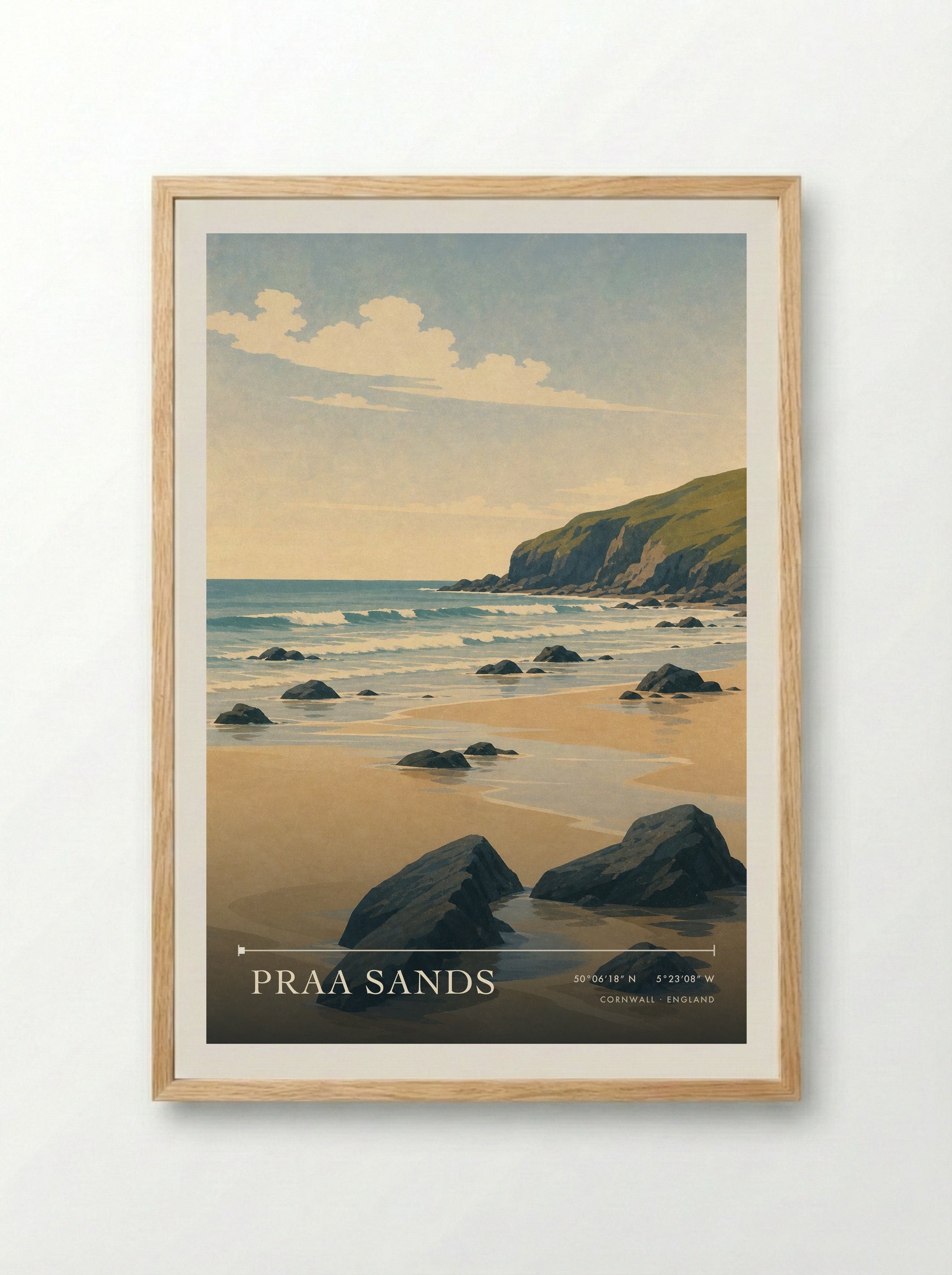 Praa Sands Cornwall England Travel Poster - Framed Print Wood