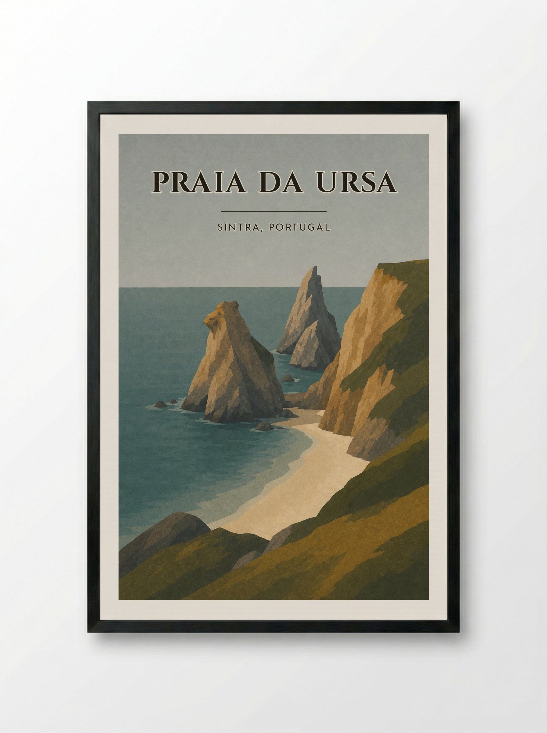 Praia da Ursa Travel Poster Artwork - Framed Print Black