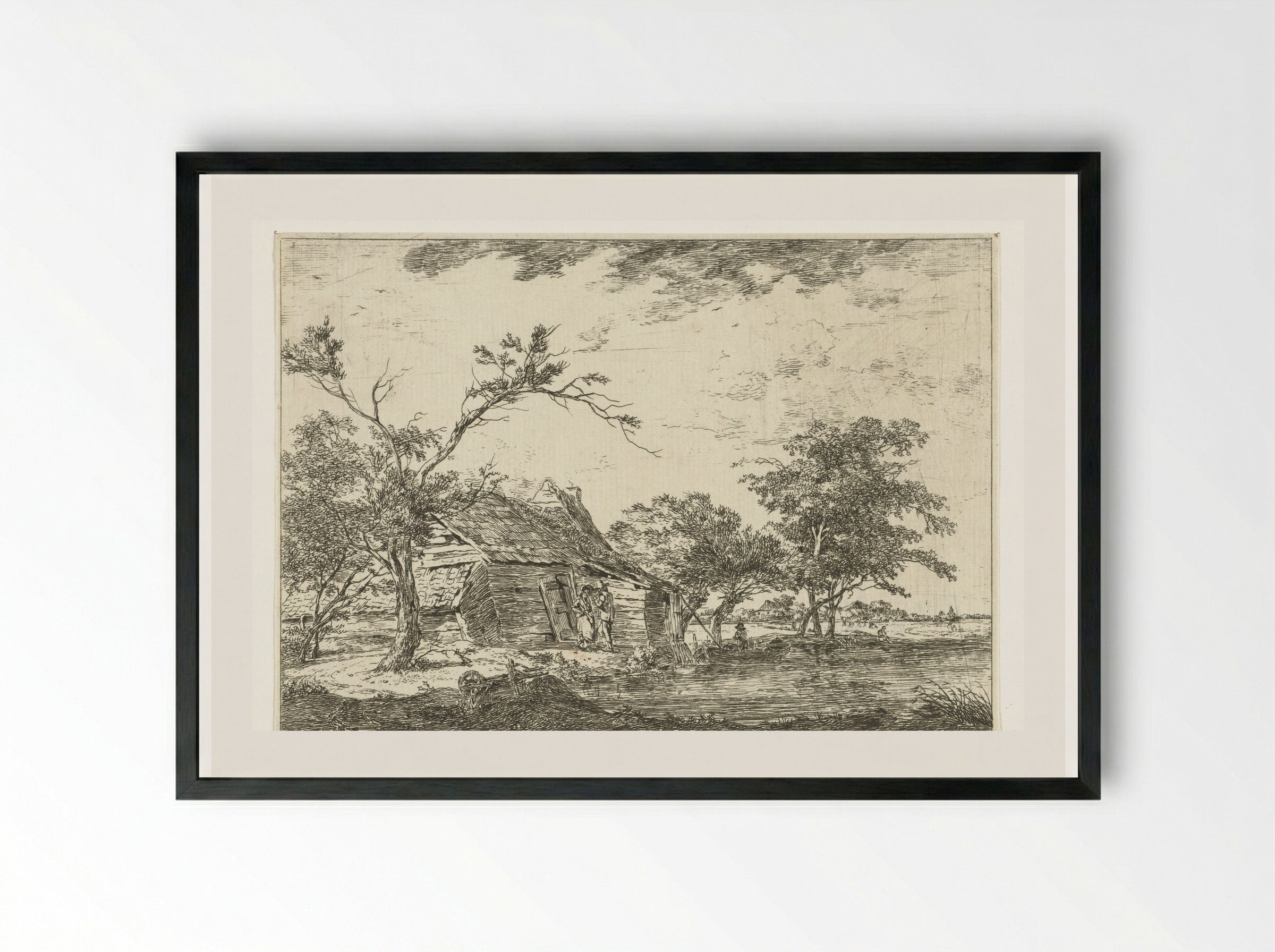 Pratend stel bij boerderij aan waterkant - Hermanus van Brussel - Framed Print Black