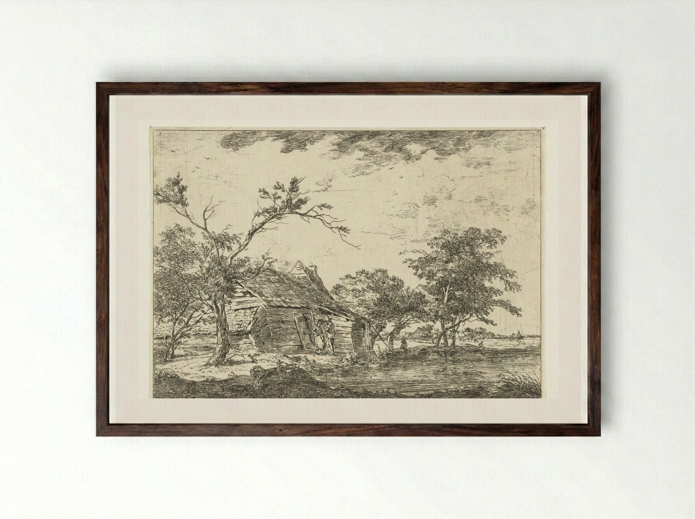 Pratend stel bij boerderij aan waterkant - Hermanus van Brussel - Framed Print Dark Wood