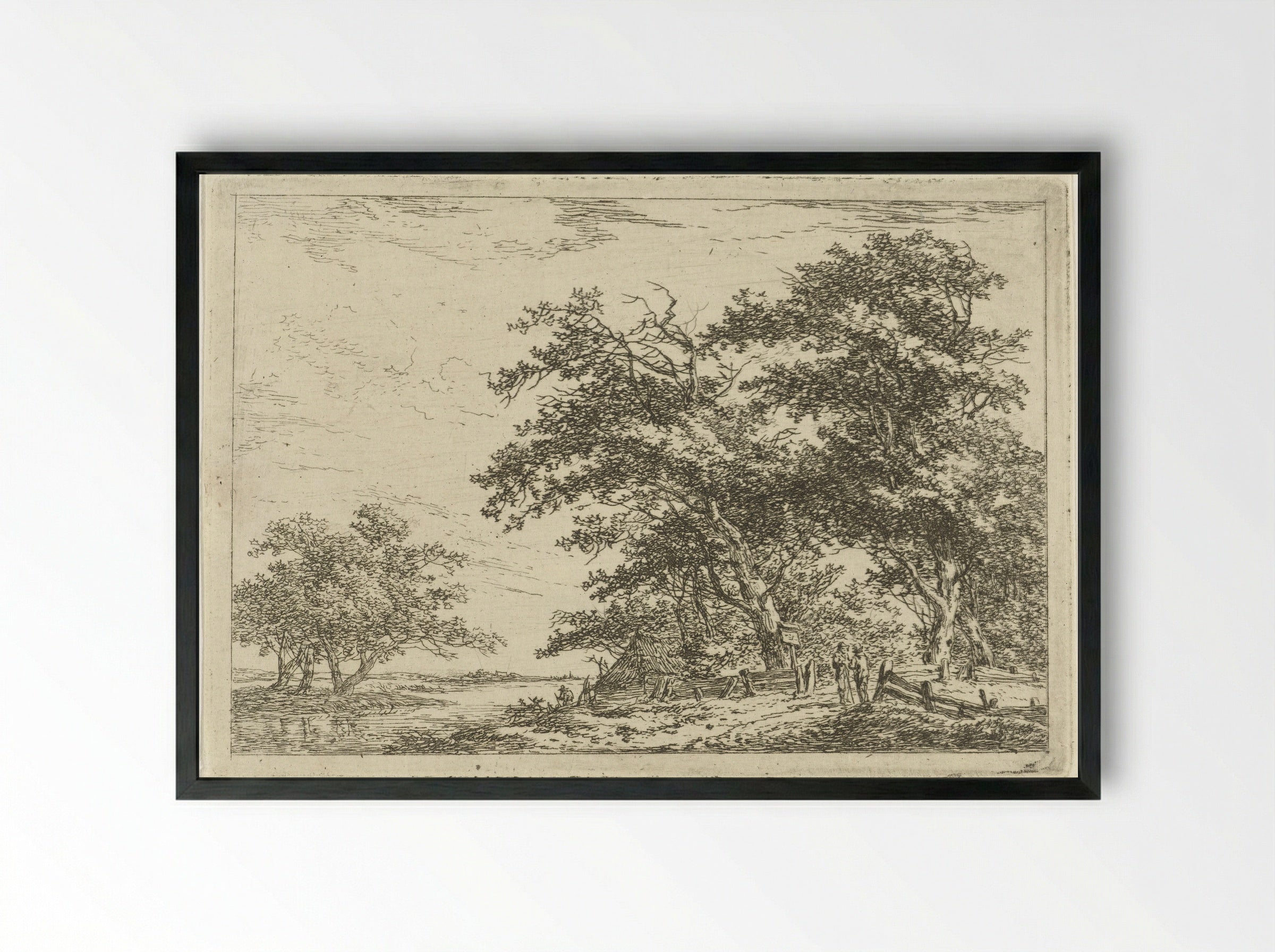 Pratende mannen bij hek aan bosrand - Hermanus van Brussel - Framed Print Black