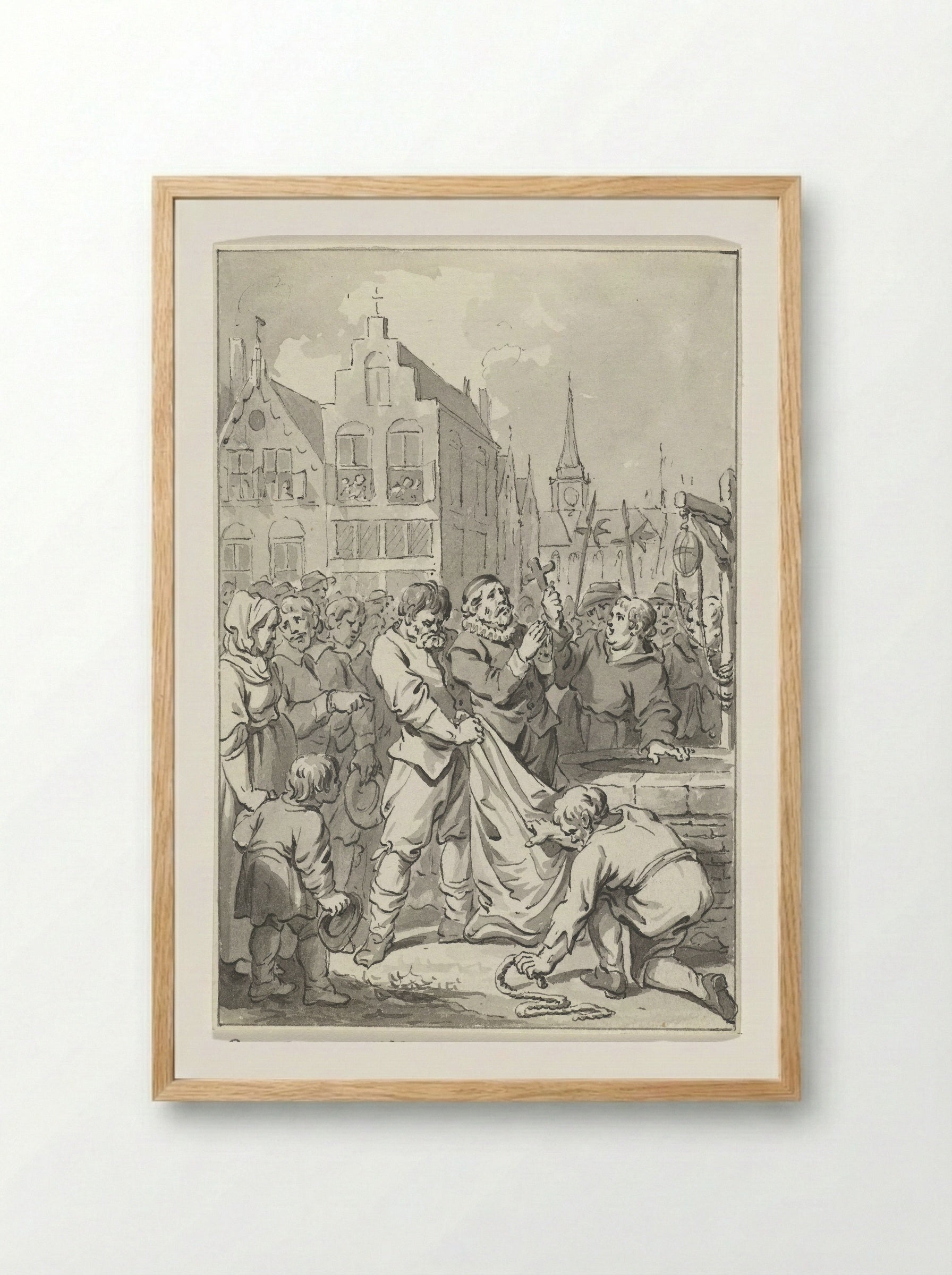 Predikant Johannes Florianus te Brussel als ketter in een zak gebonden en in een put geworpen, 1585 - Jacobus Buys - Framed Print Wood