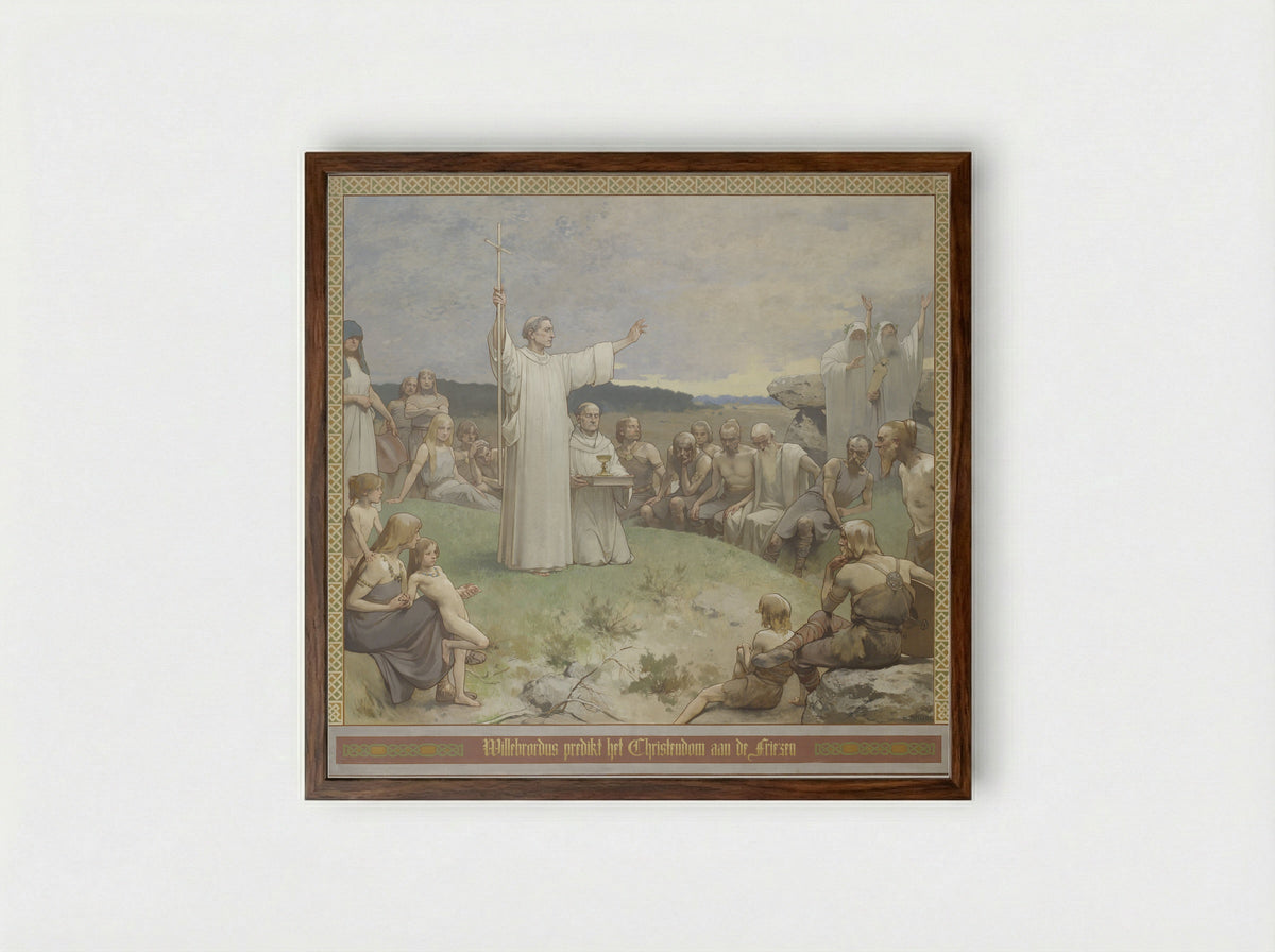 Prediking van het Christendom in Drenthe - Georg Sturm - Framed Print Dark Wood