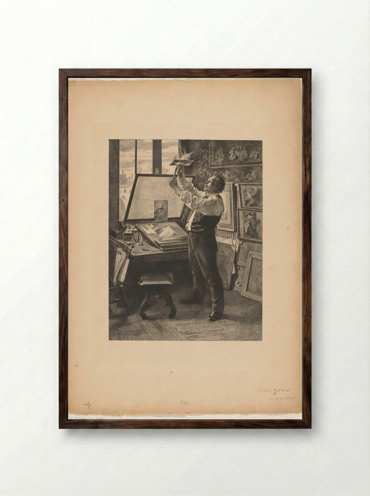 Prentmaker in zijn atelier - Achille Isidore Gilbert - Framed Print Dark Wood