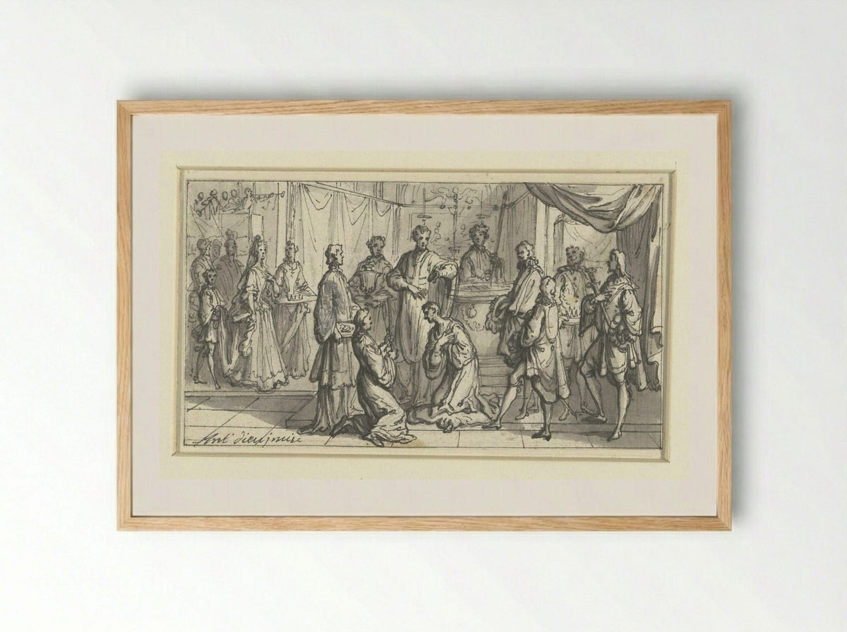 Priester zegent een knielende vorst - Antoine Dieu - Framed Print Wood