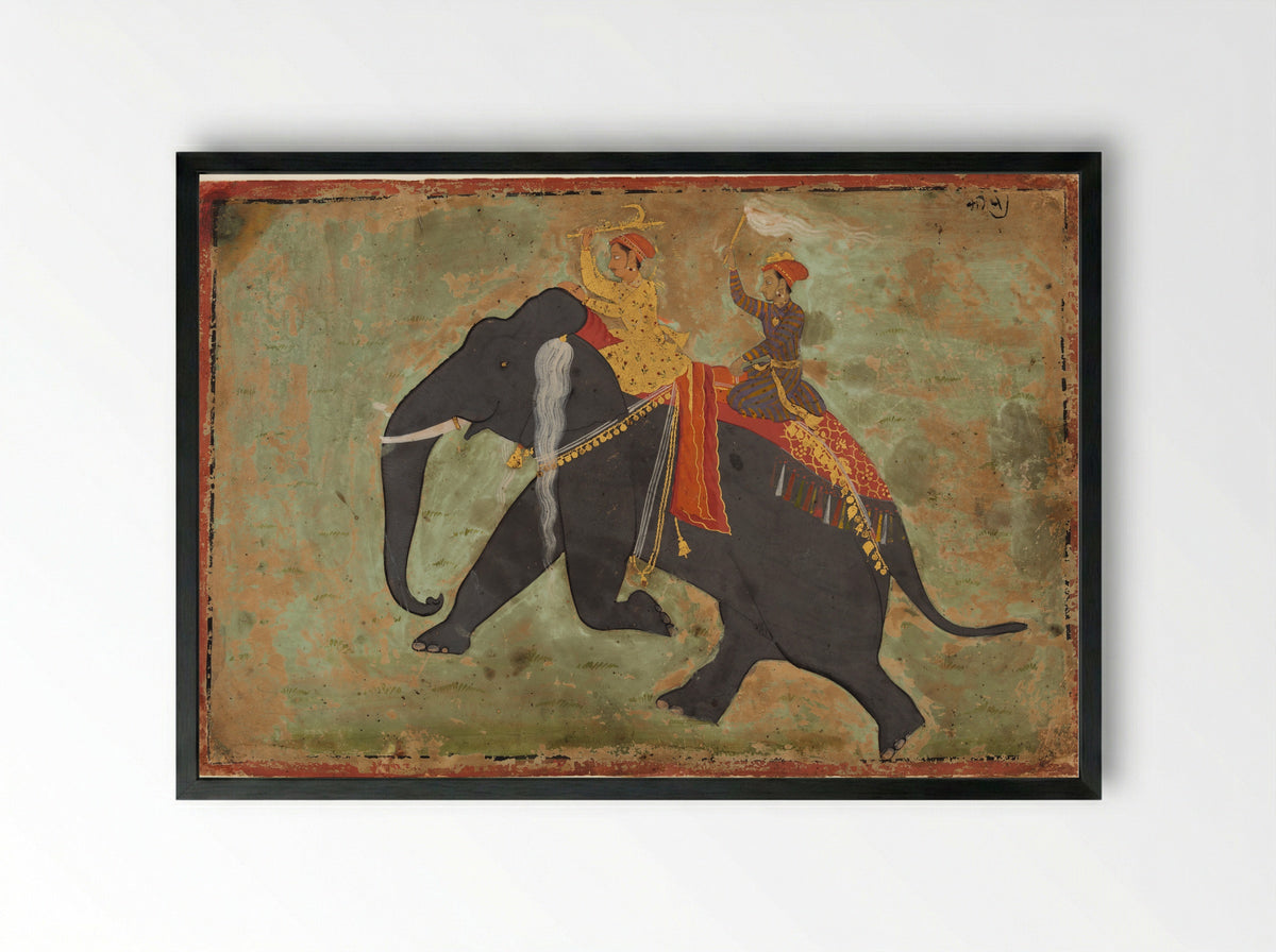 Prince Amar Singh Drives His Own Elephant - Mewar Stipple Master - Framed Print Black