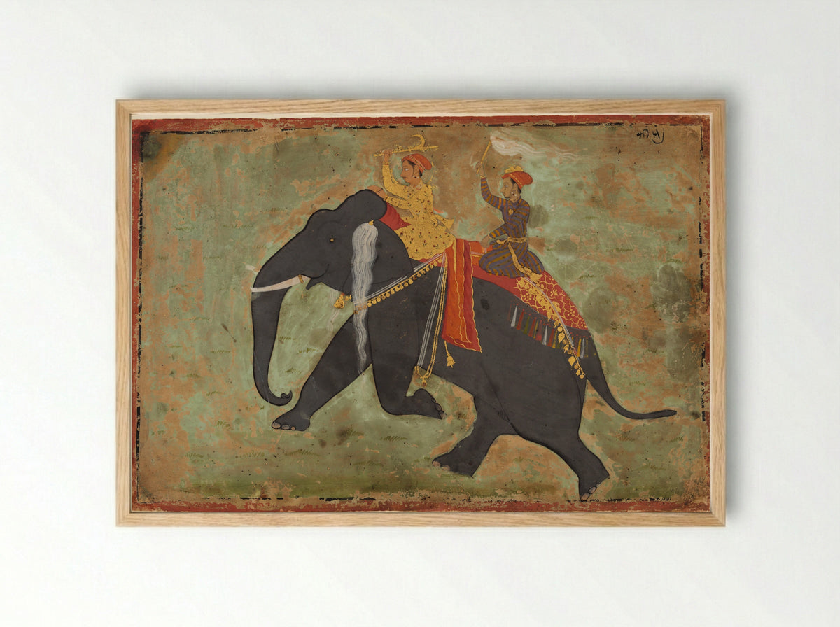 Prince Amar Singh Drives His Own Elephant - Mewar Stipple Master - Framed Print Wood