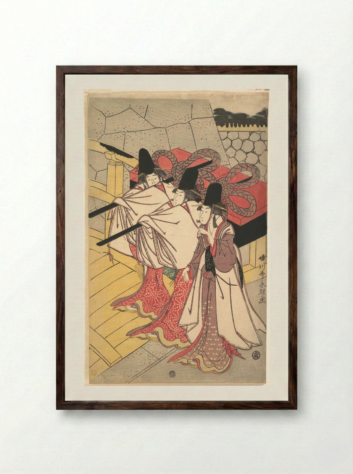 Prince Genji Returning to His Palace where His Wife Awaits Him - Rekisentei Eiri - Framed Print Dark Wood