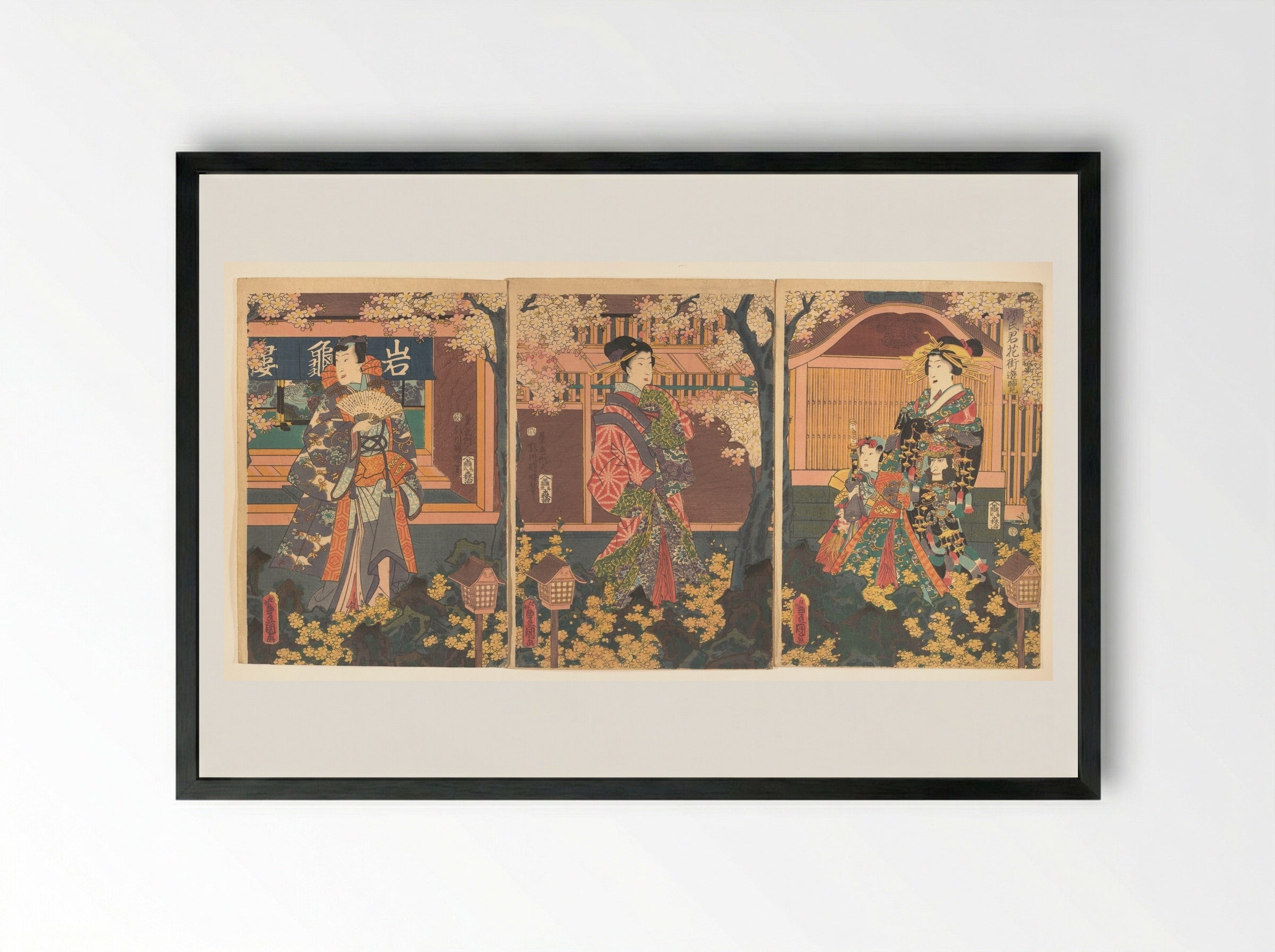 Prince Genji Visits the Gankirō Tea House - Utagawa Kunisada - Framed Print Black