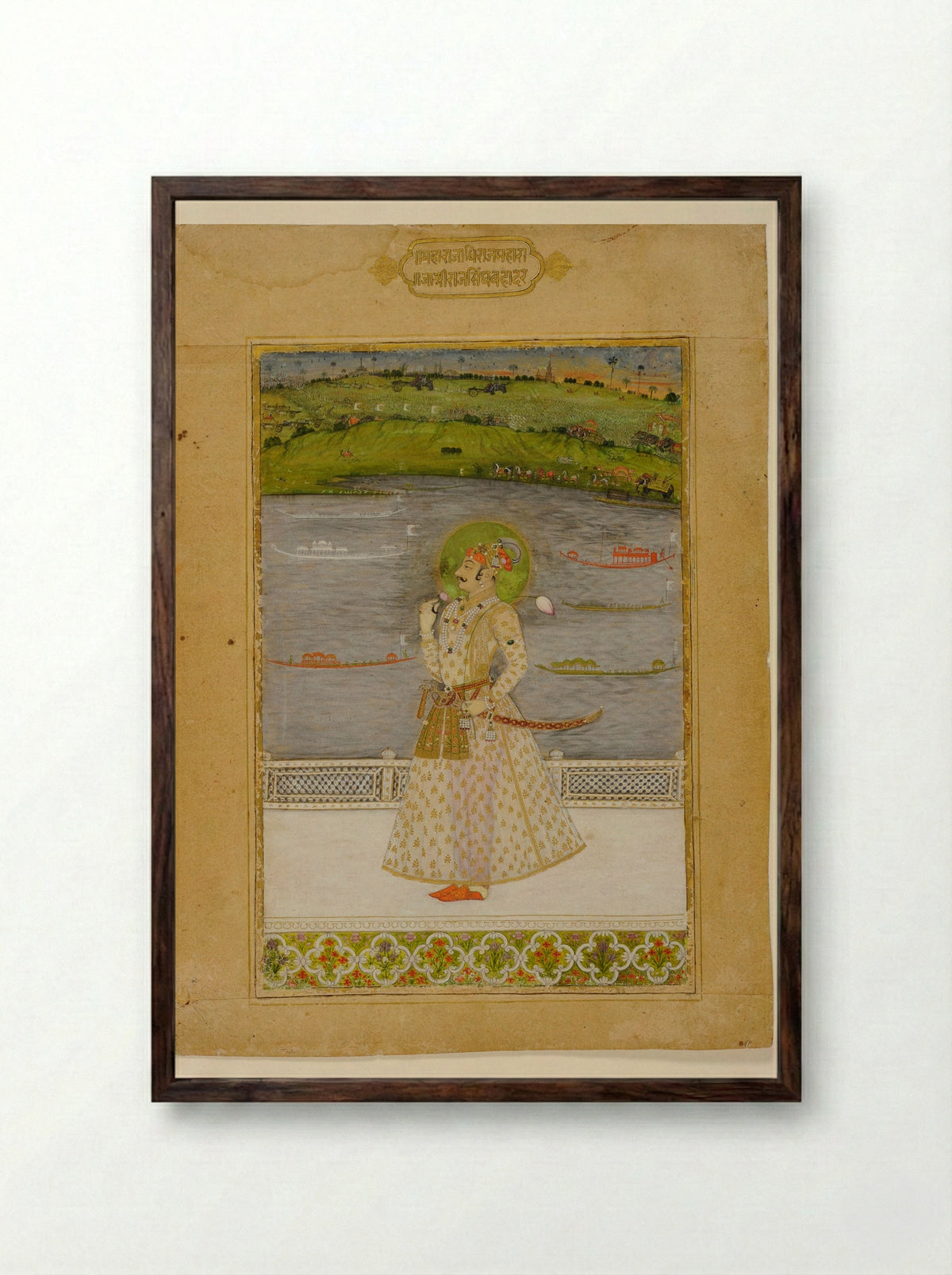 Prince Padam Singh of Bikaner with His Bard Gordhar on a Terrace at Night - Bhavani Das - Framed Print Dark Wood