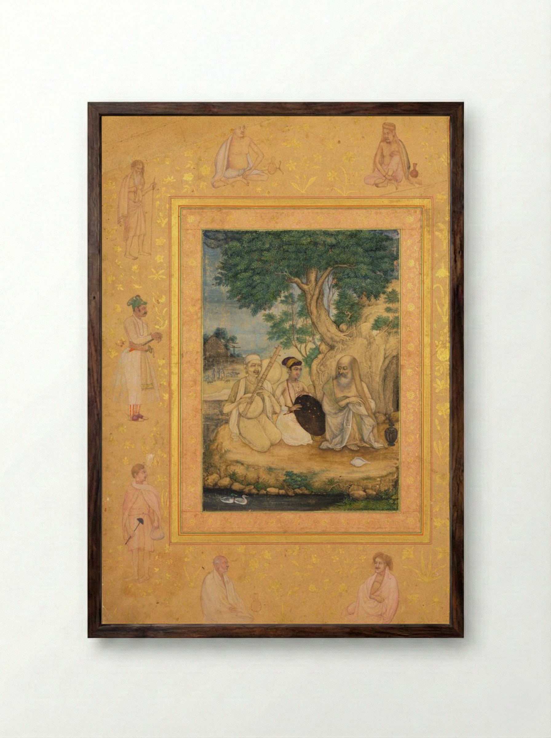 Prince and ascetics, from the Late Shah Jahan Album - Govardhan - Framed Print Dark Wood