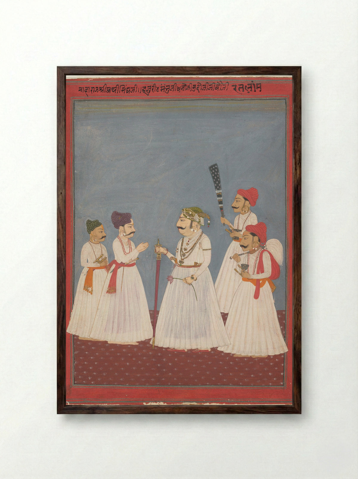 Prince with Four Attendants (Sri Prathi Singh of Ratlam) - Unknown Rajasthani Artist - Framed Print Dark Wood