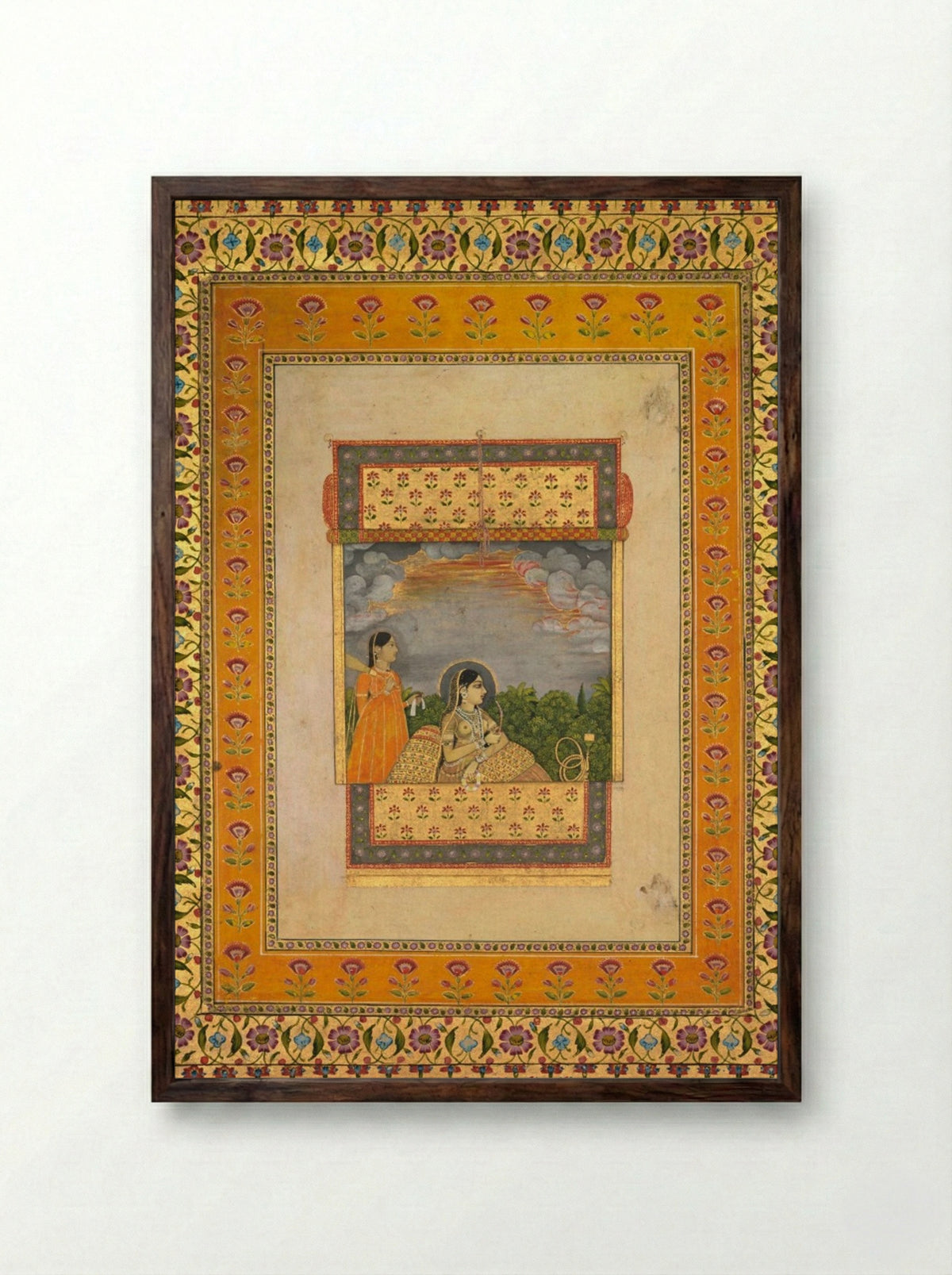Princess and attendant in trompe l’oeil window - Aqil Khan - Framed Print Dark Wood