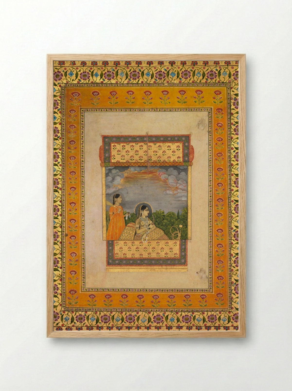 Princess and attendant in trompe l’oeil window - Aqil Khan - Framed Print Wood