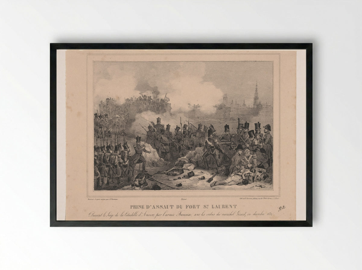 Prise d'assaut du Fort St Laurent - Gustave Adolphe Simonau - Framed Print Black