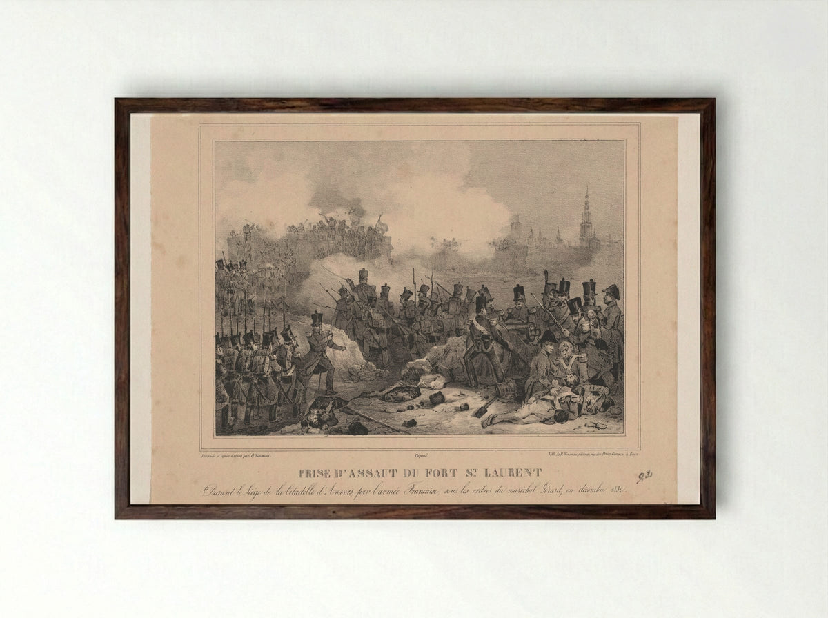 Prise d'assaut du Fort St Laurent - Gustave Adolphe Simonau - Framed Print Dark Wood