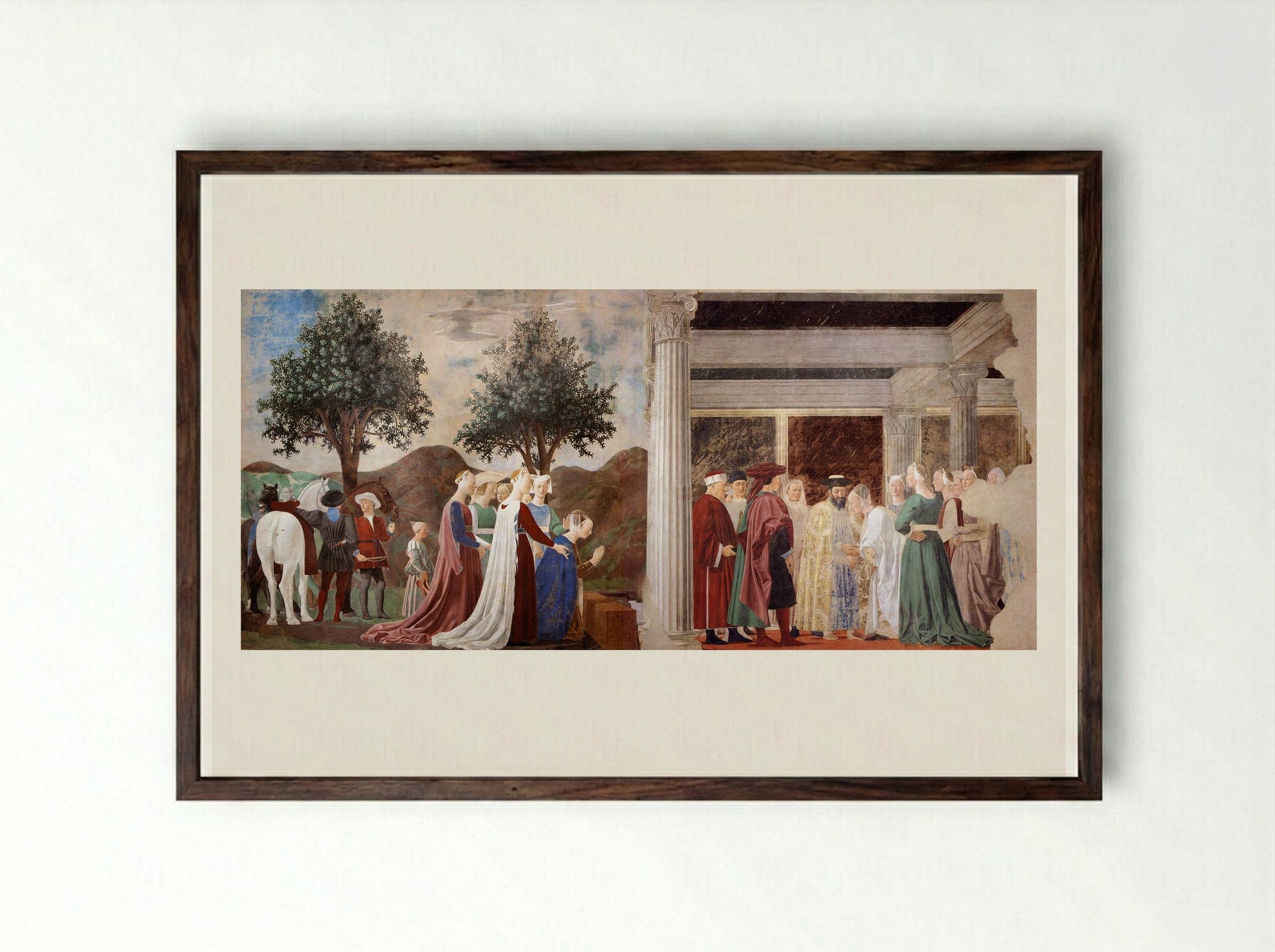 Procession of the Queen of Sheba and Meeting between the Queen of Sheba and King Solomon - Piero della Francesca - Framed Print Dark Wood