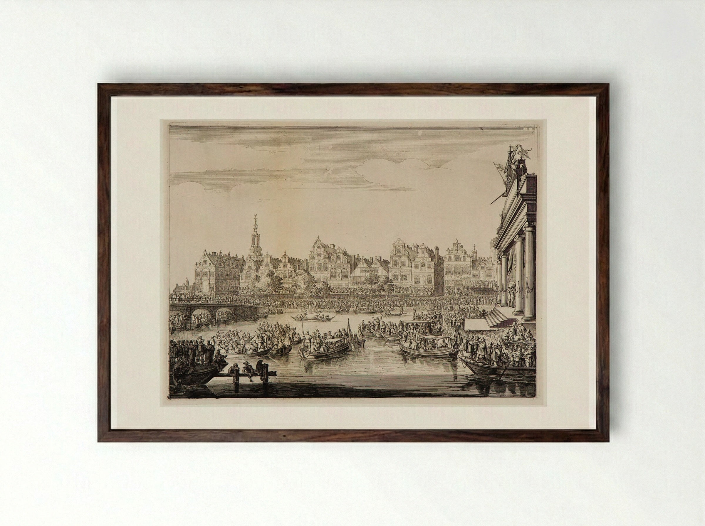 Procession of the Rokin with the Theater on the Island at Right - Salomon Savery - Framed Print Dark Wood