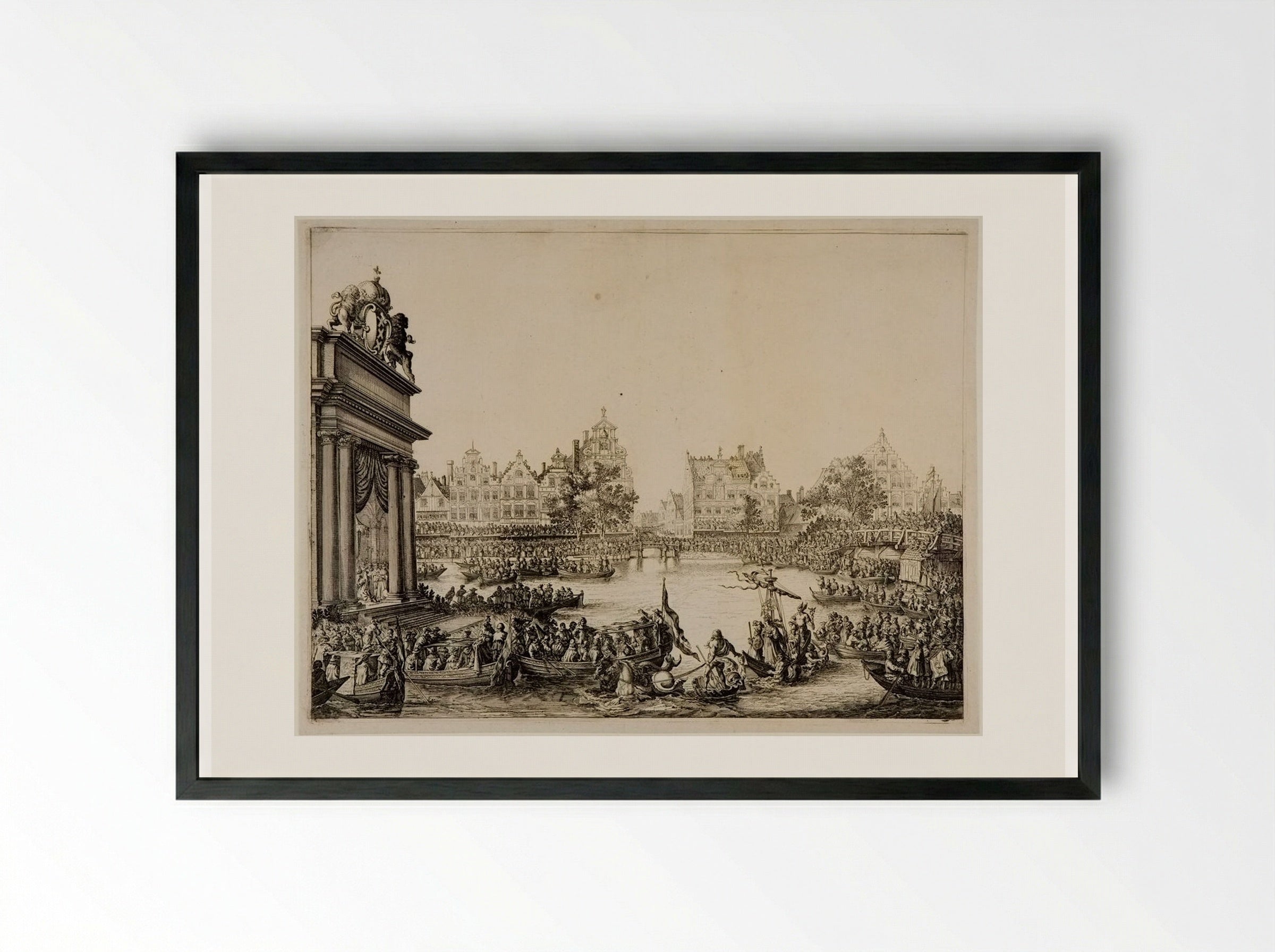 Procession on the Amstel with a Triumphal Arch on the Island at Left - Salomon Savery - Framed Print Black