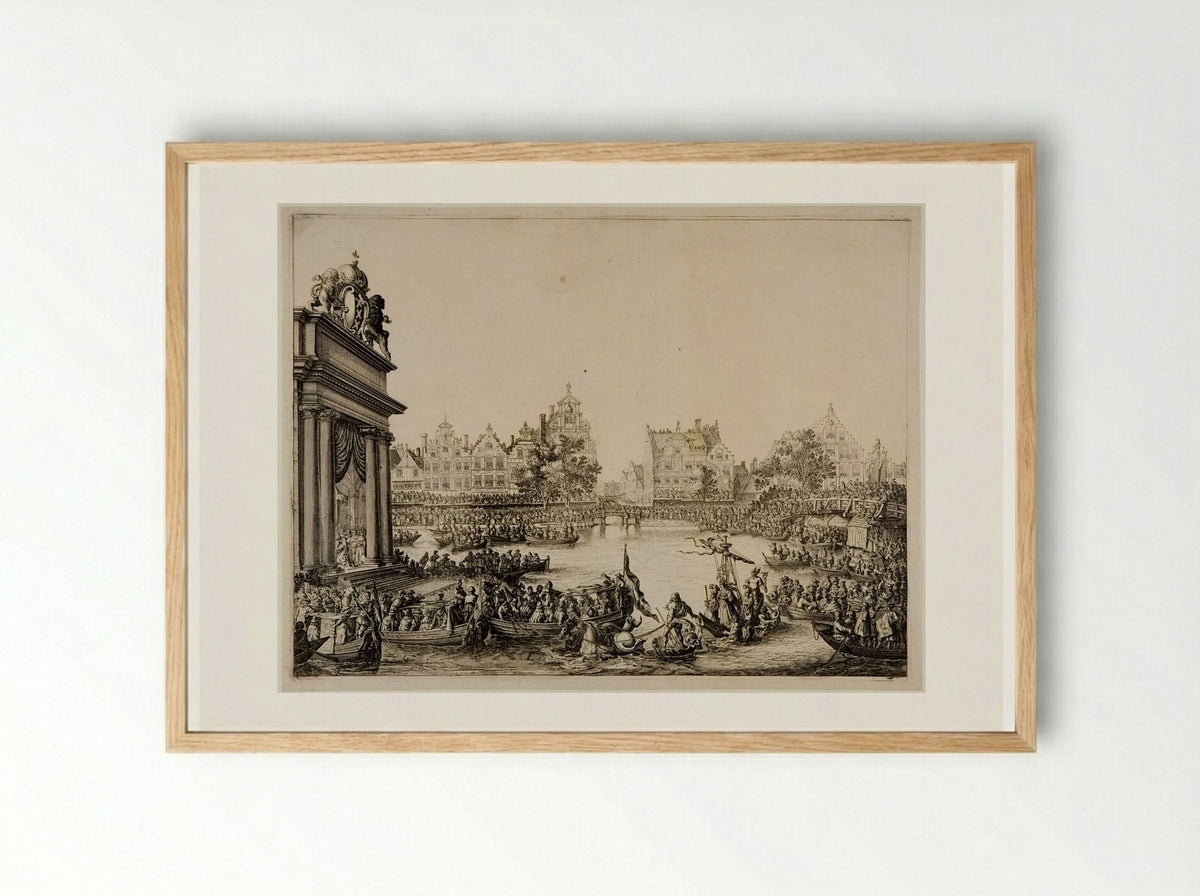 Procession on the Amstel with a Triumphal Arch on the Island at Left - Salomon Savery - Framed Print Wood