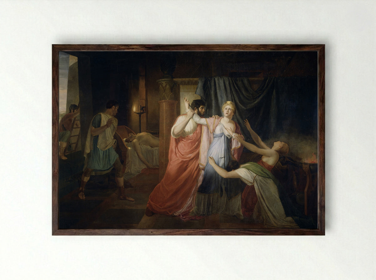 Proculeius Prevents Cleopatra from Stabbing Herself - Joannes Echarius Carolus Alberti - Framed Print Dark Wood
