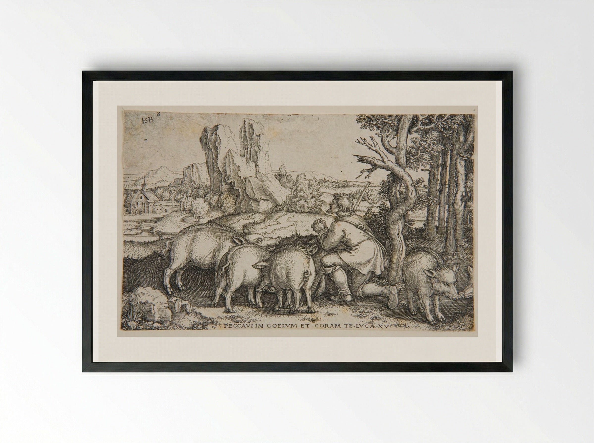 Prodigal Son Keeping his Swine - Sebald Beham - Framed Print Black