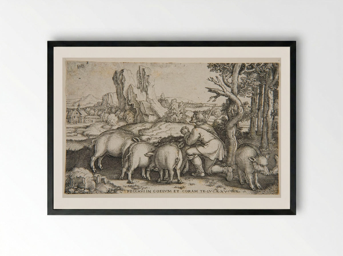 Prodigal Son Keeping his Swine - Sebald Beham - Framed Print Black