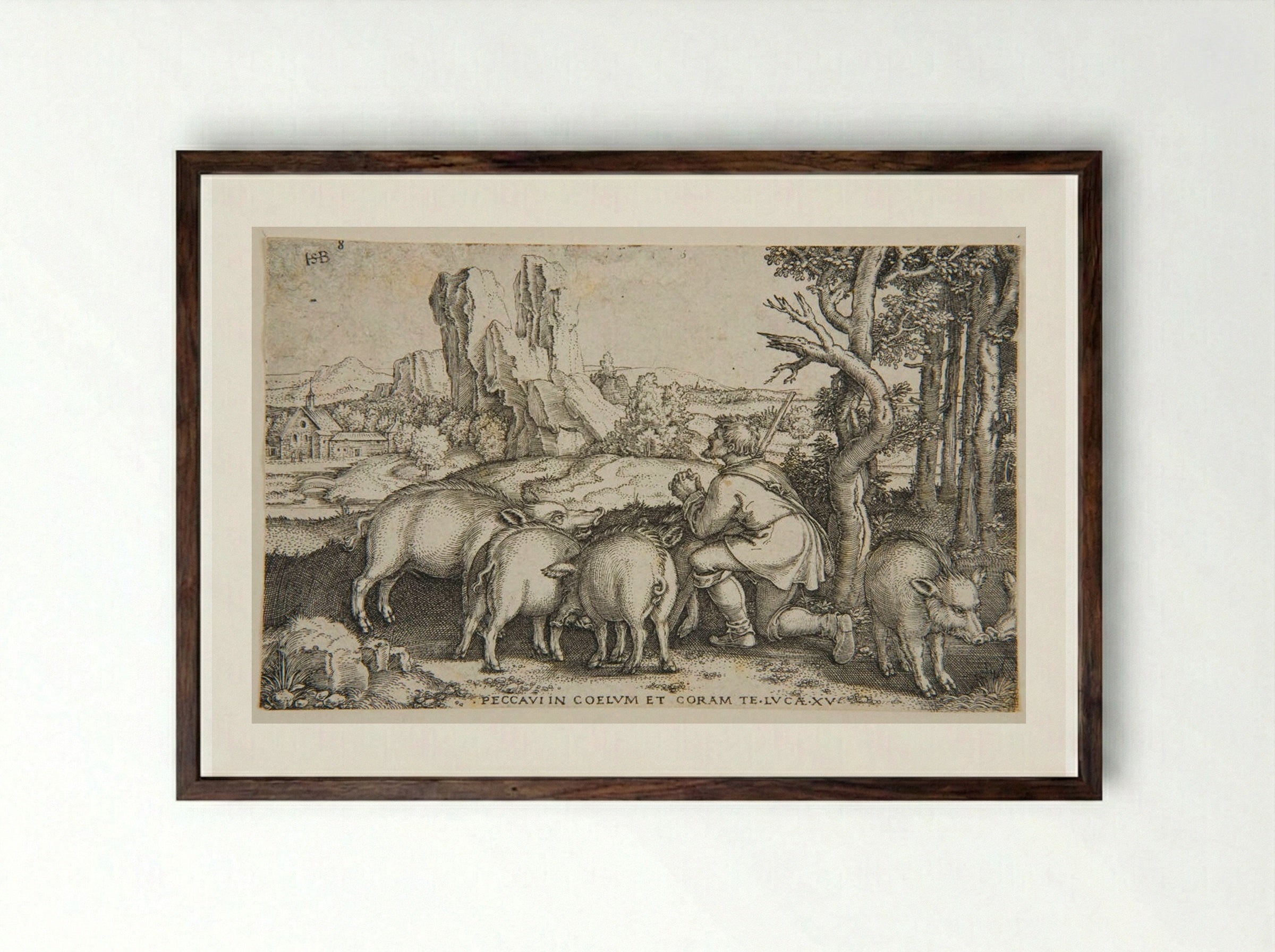 Prodigal Son Keeping his Swine - Sebald Beham - Framed Print Dark Wood