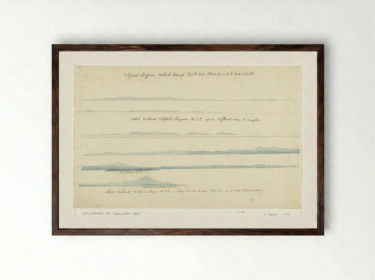 Profielen van eilanden getekend op de reis van Ceylon naar Batavia - Pieter de Bevere - Framed Print Dark Wood