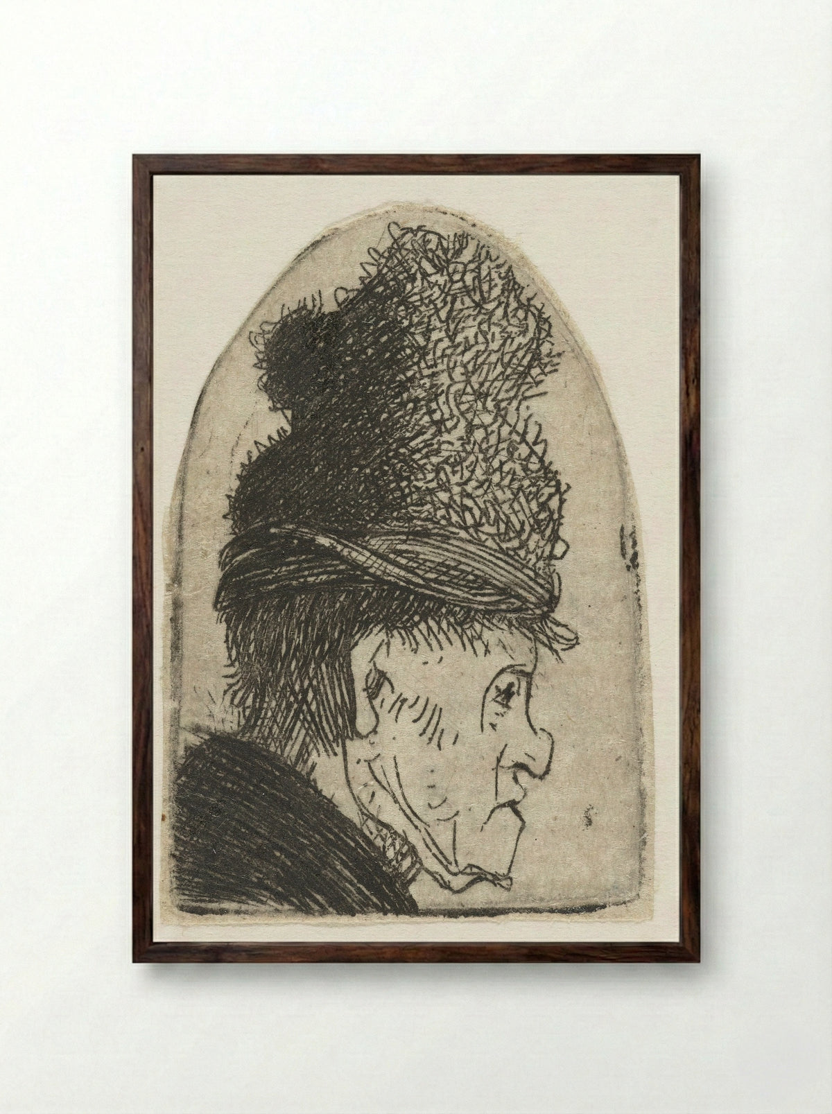 Profile of a Man in a High Hat - Rembrandt van Rijn - Framed Print Dark Wood