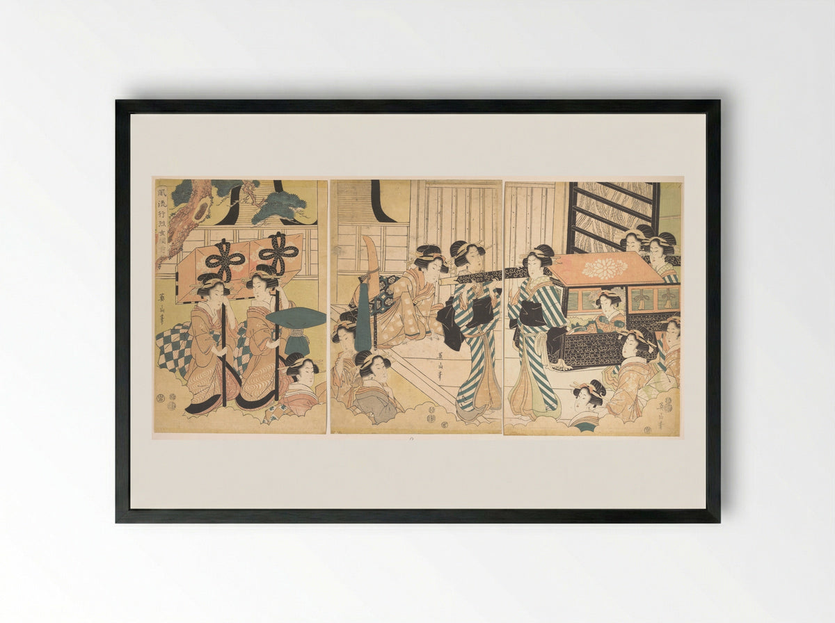 Promenade of Famous Beauty Escorted by Many Female Attendants - Kikugawa Eizan - Framed Print Black