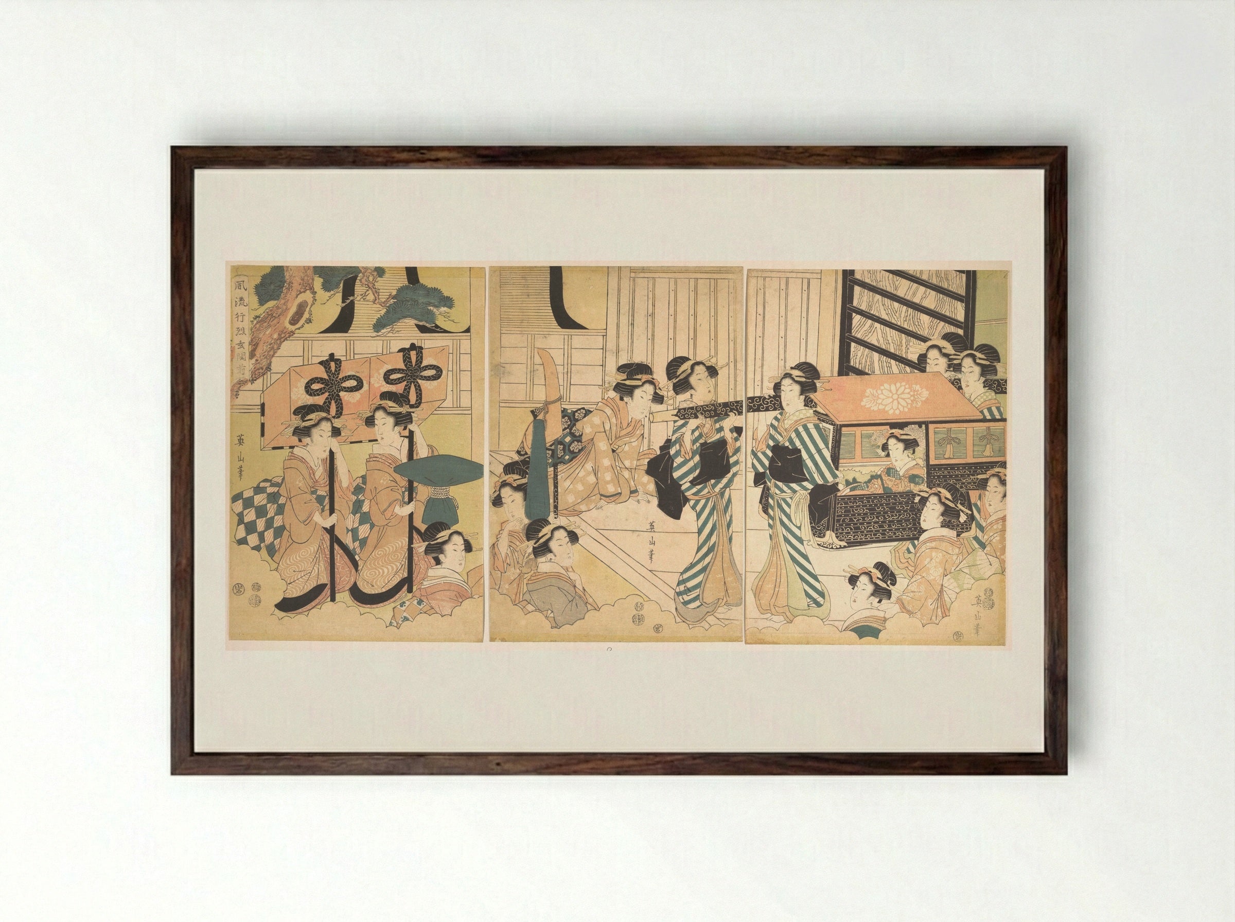 Promenade of Famous Beauty Escorted by Many Female Attendants - Kikugawa Eizan - Framed Print Dark Wood