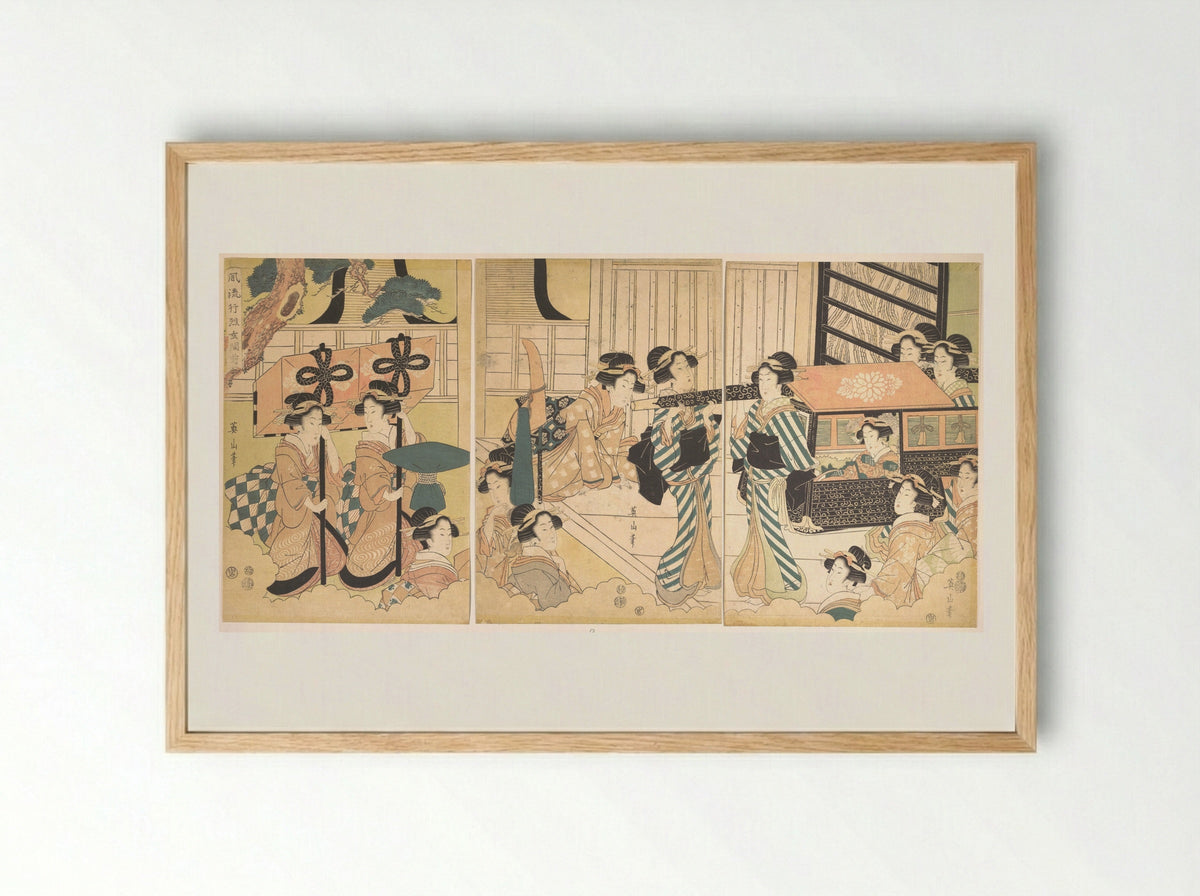 Promenade of Famous Beauty Escorted by Many Female Attendants - Kikugawa Eizan - Framed Print Wood