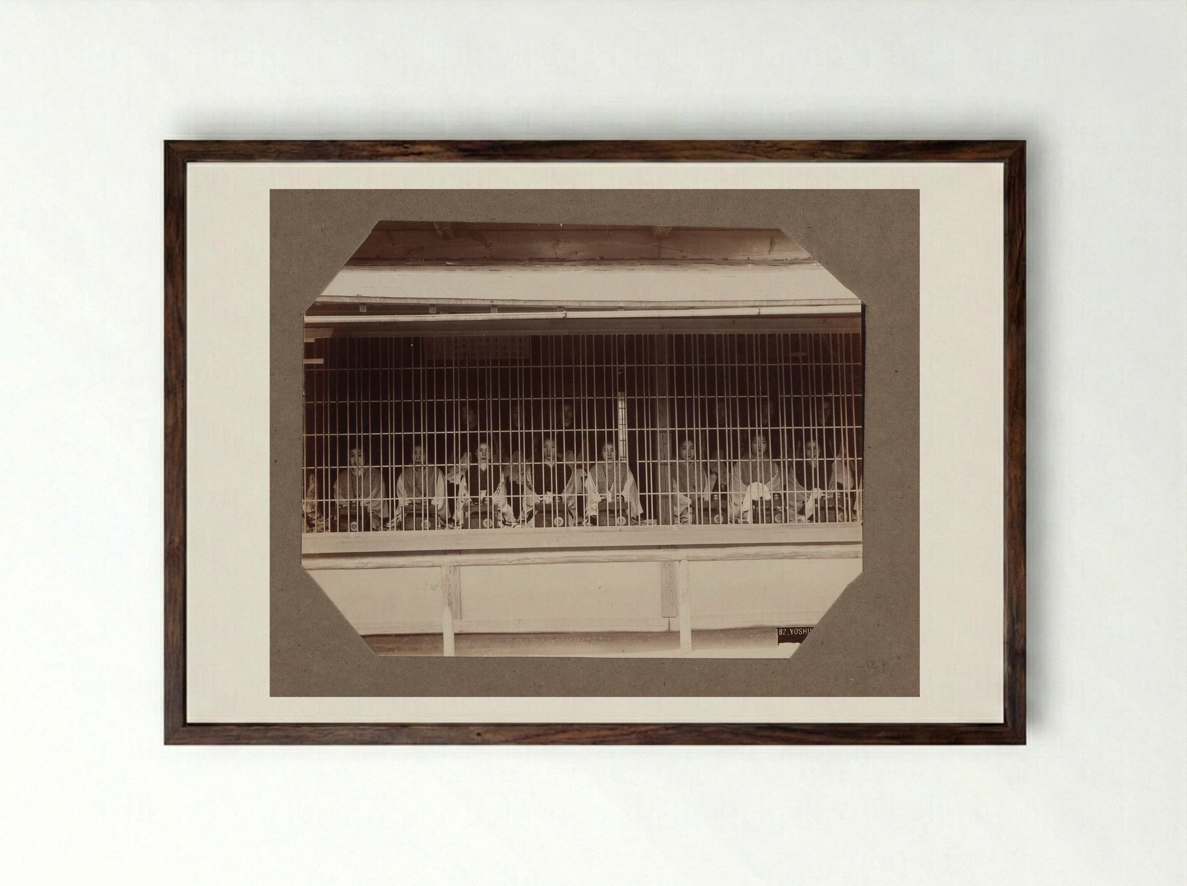 Prostitutes Behind a Lattice in Yoshiwara, Tokyo - Kusakabe Kimbei - Framed Print Dark Wood