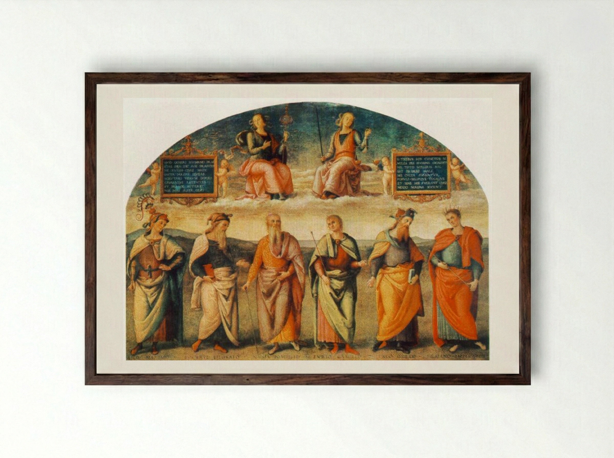 Prudence and Justice with Six Antique Wisemen - Pietro Perugino - Framed Print Dark Wood