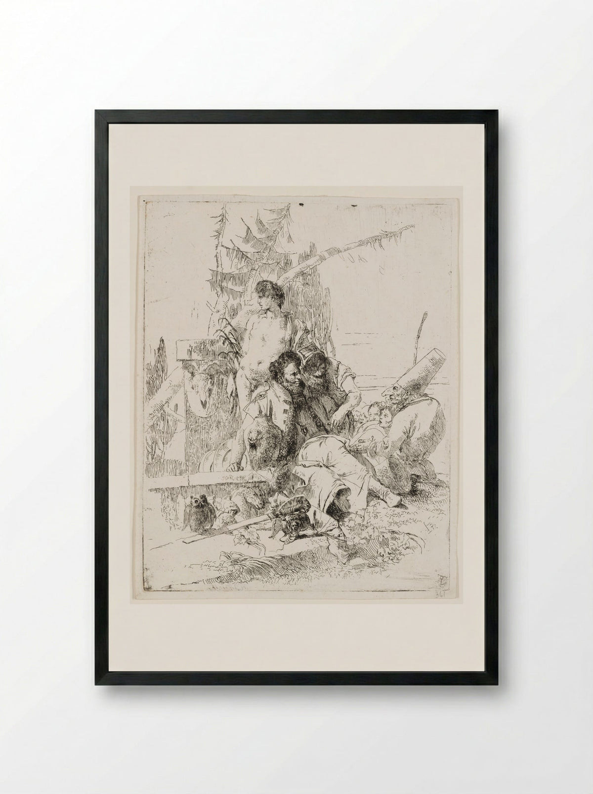Punchinello Talking to Two Magicians - Giovanni Battista Tiepolo - Framed Print Black
