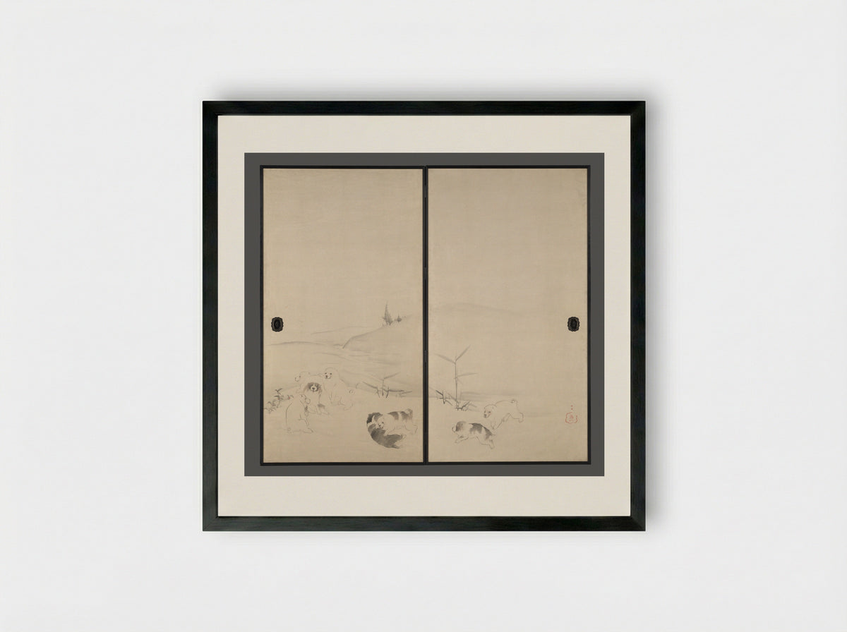 Puppies in the Snow - Nagasawa Rosetsu - Framed Print Black