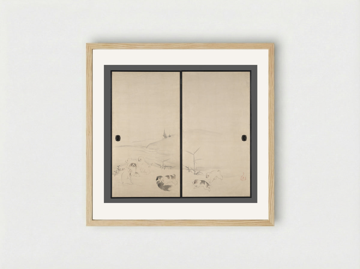 Puppies in the Snow - Nagasawa Rosetsu - Framed Print Wood