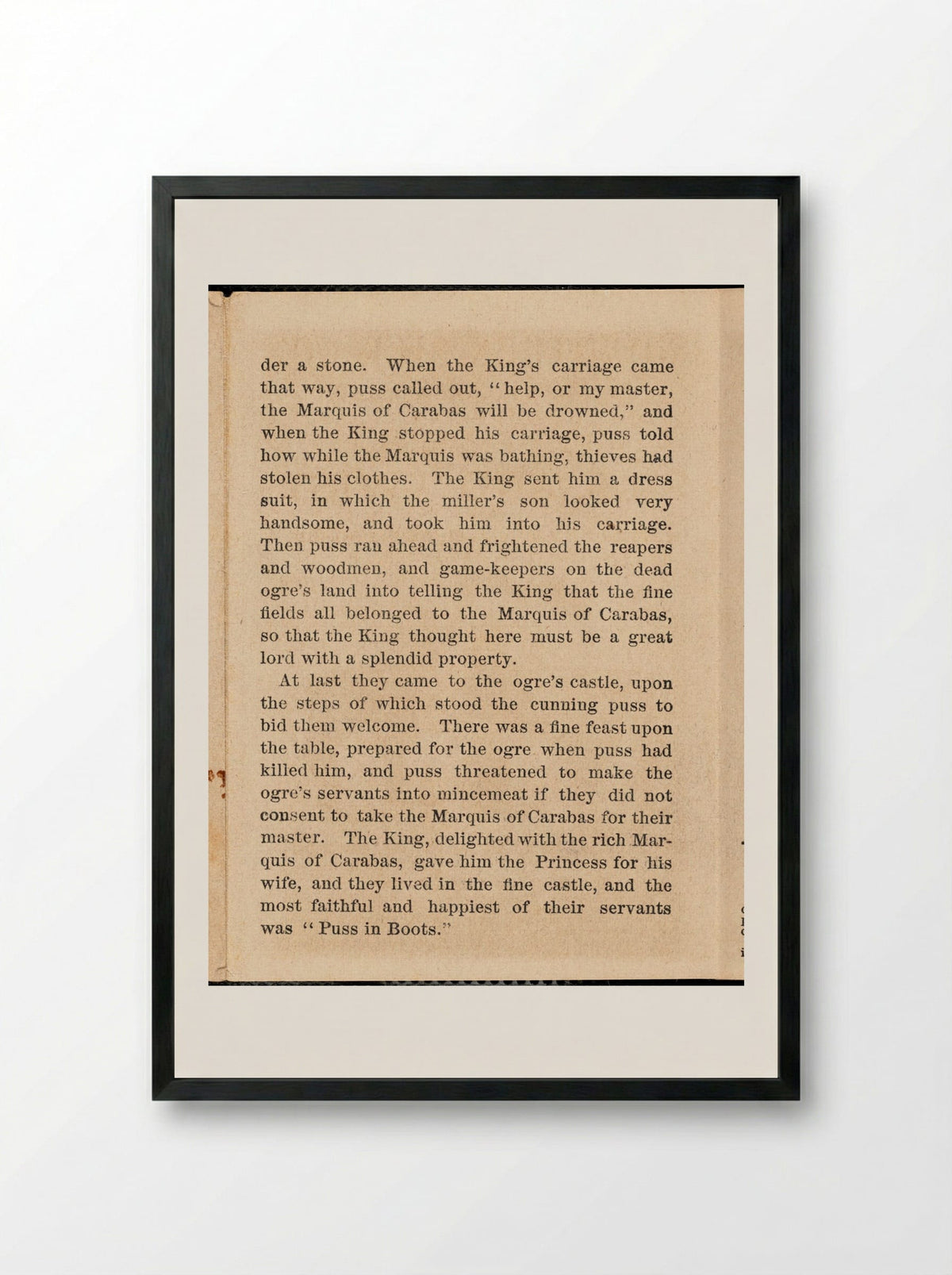 Puss in Boots Narrative Text - Fine Art Print - Framed Print Black