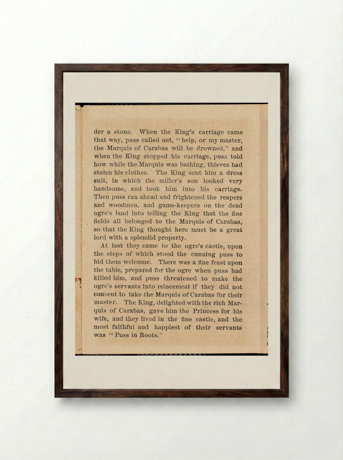 Puss in Boots Narrative Text - Fine Art Print - Framed Print Dark Wood