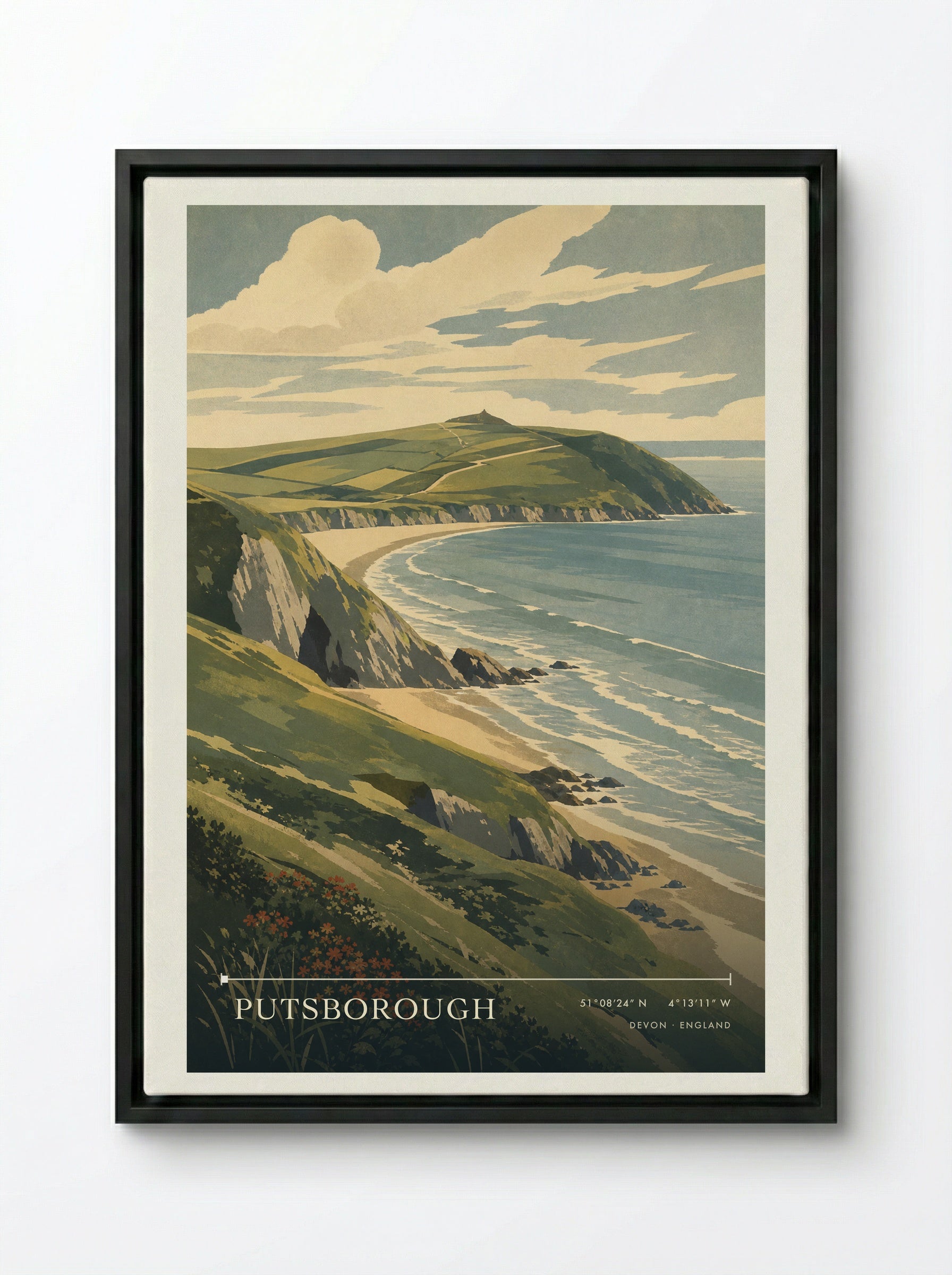 Putsborough Devon England Travel Poster - Framed Canvas Black