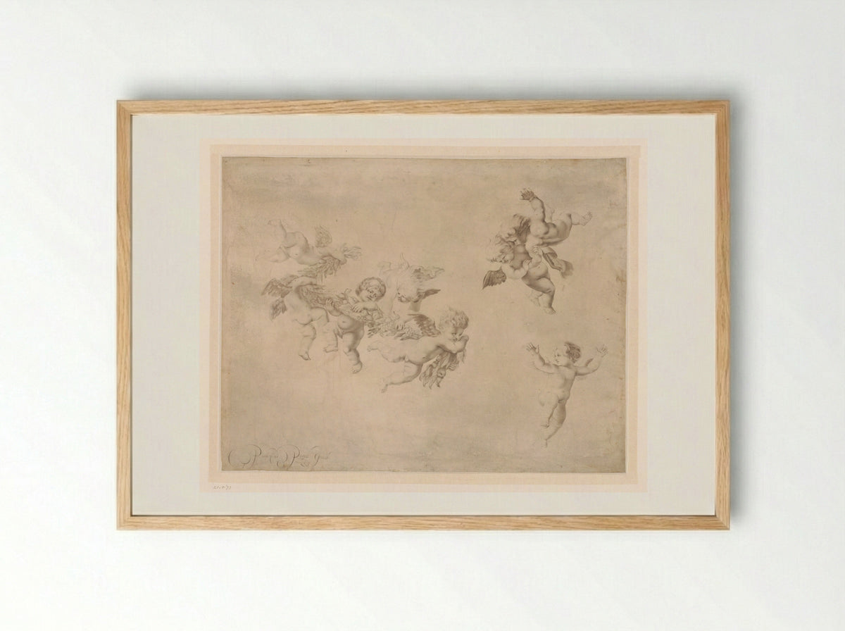 Putti met een guirlande van vruchten - Pieter de Porck - Framed Print Wood